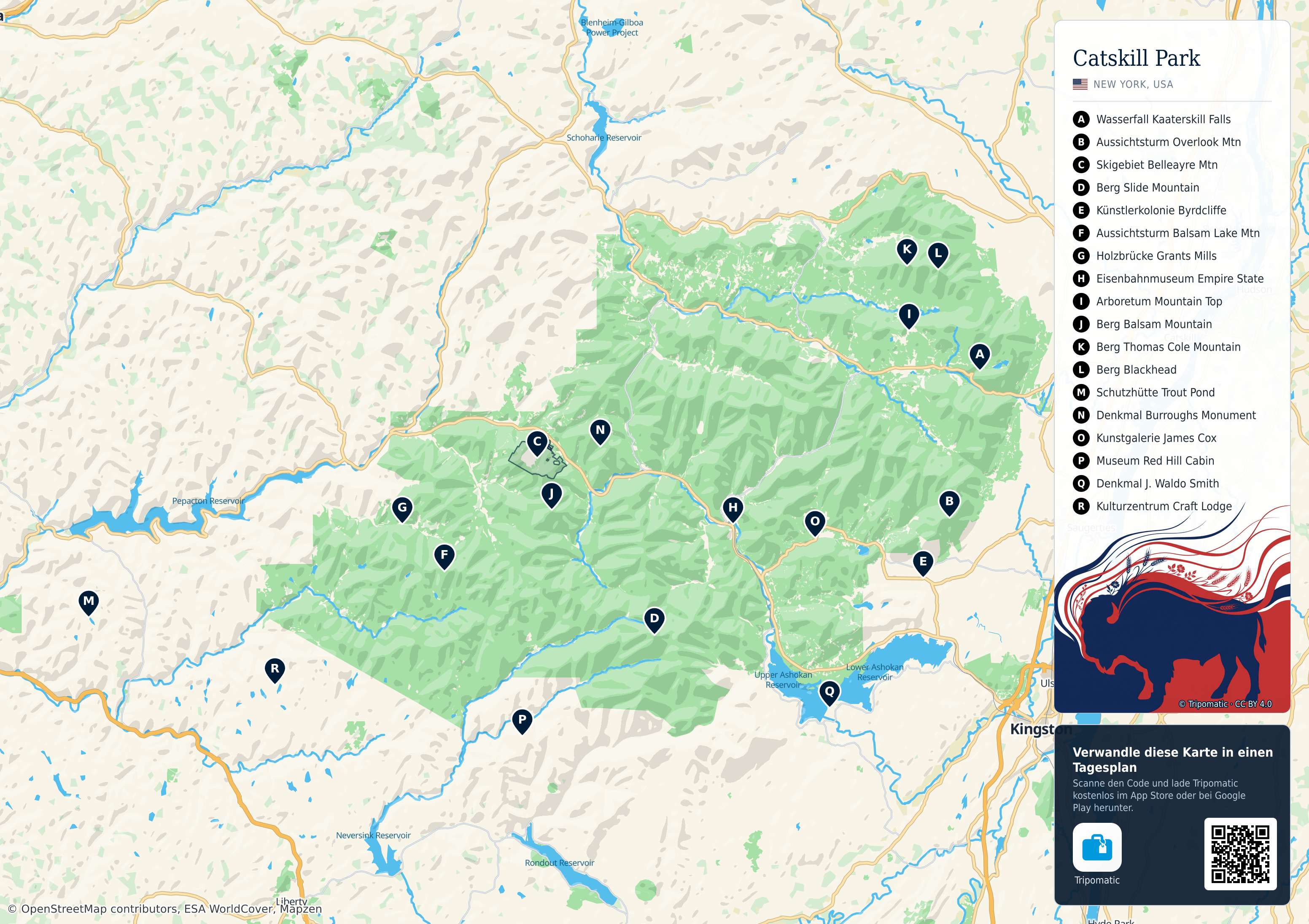 Catskill Park – Touristenkarte zum Ausdrucken mit nummerierten Sehenswürdigkeiten