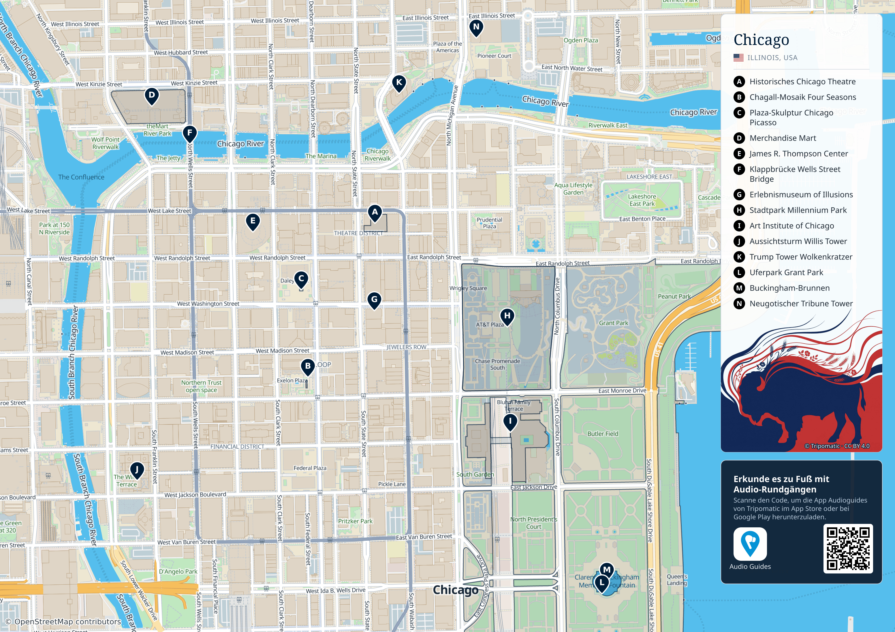 Chicago – Touristenkarte zum Ausdrucken mit nummerierten Sehenswürdigkeiten