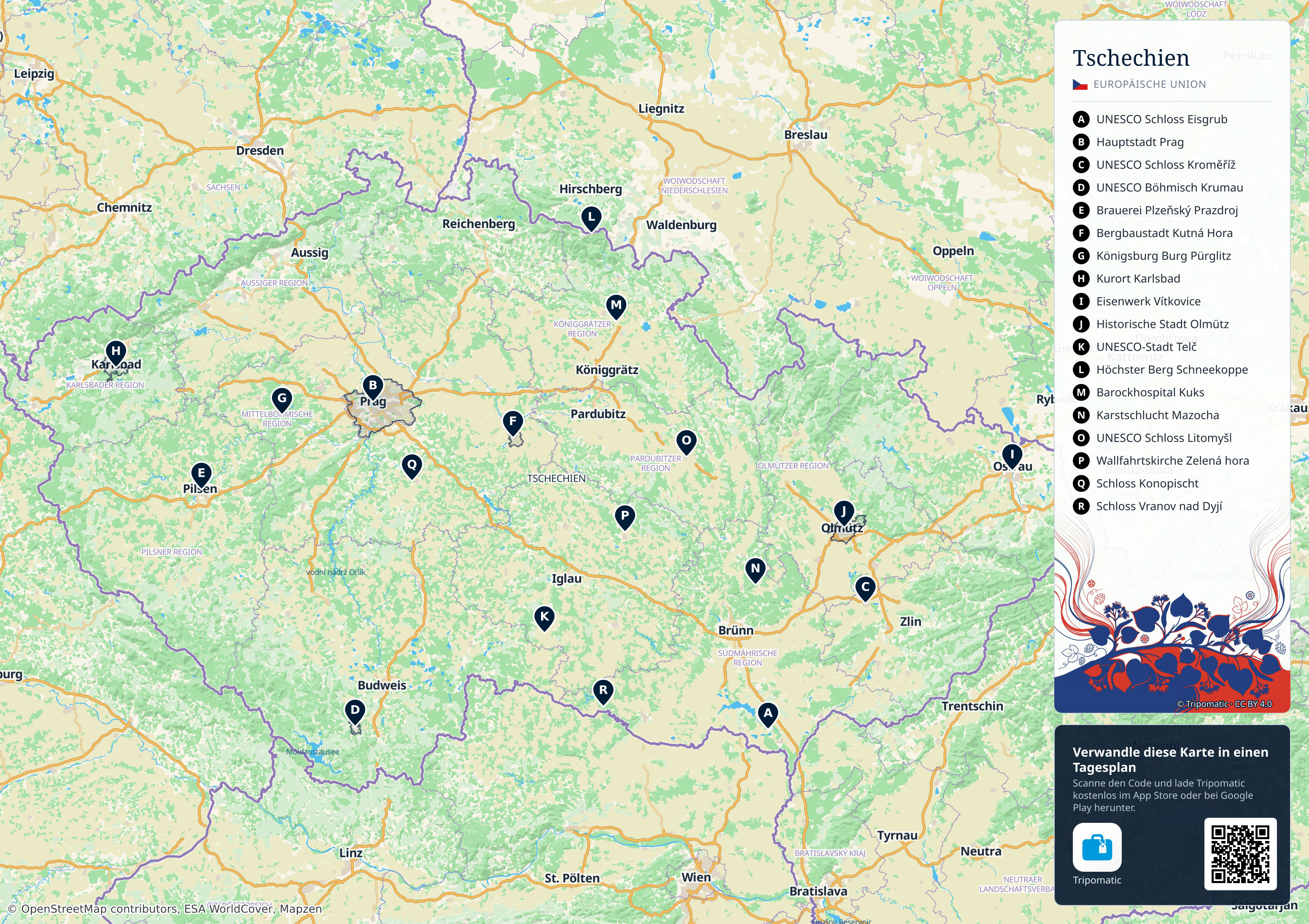 Tschechien – Touristenkarte zum Ausdrucken mit nummerierten Sehenswürdigkeiten
