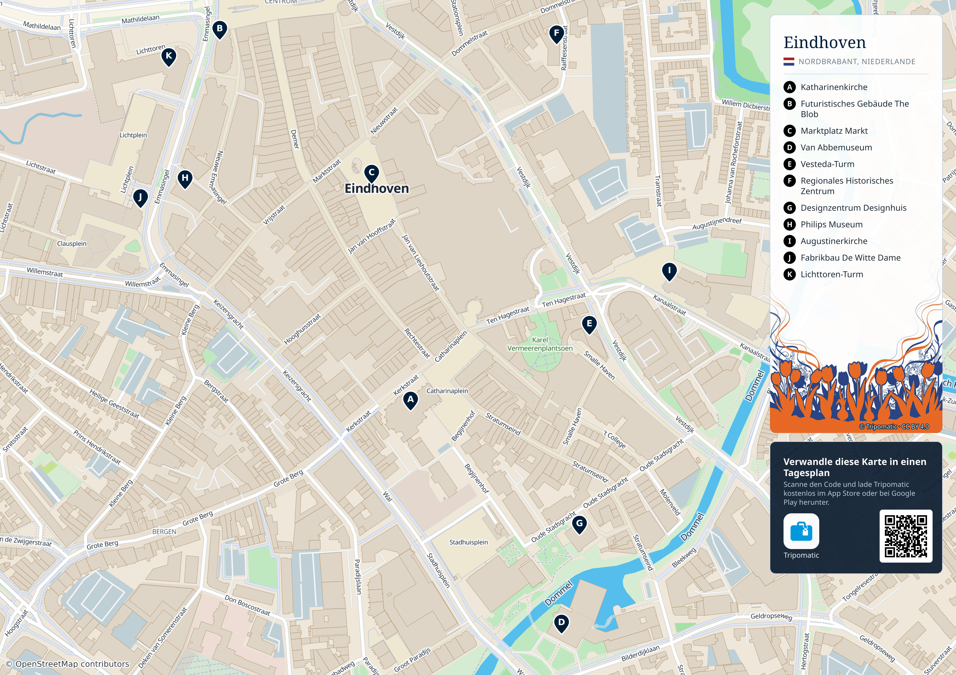 Eindhoven – Touristenkarte zum Ausdrucken mit nummerierten Sehenswürdigkeiten