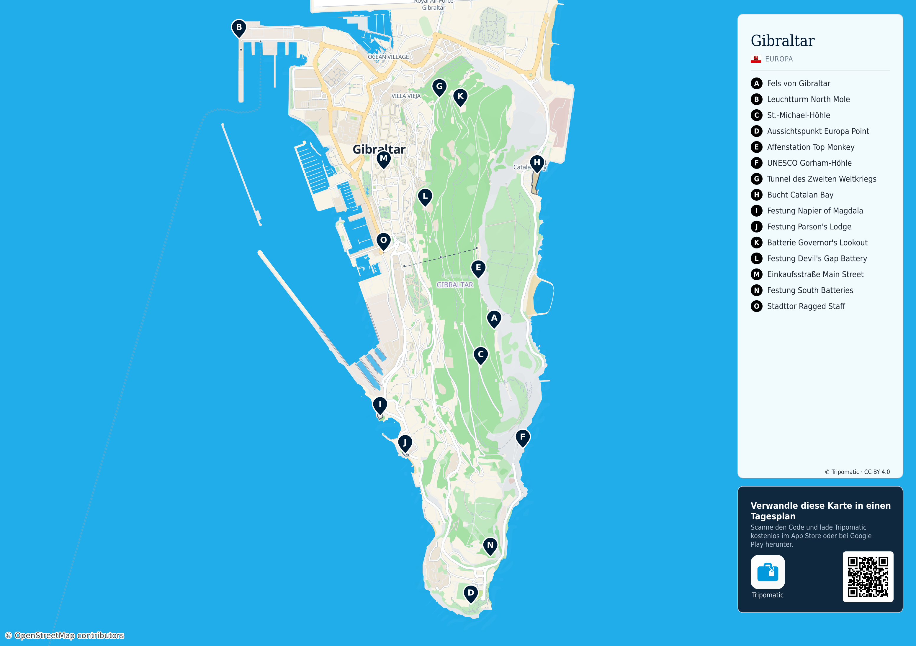 Gibraltar – Touristenkarte zum Ausdrucken mit nummerierten Sehenswürdigkeiten