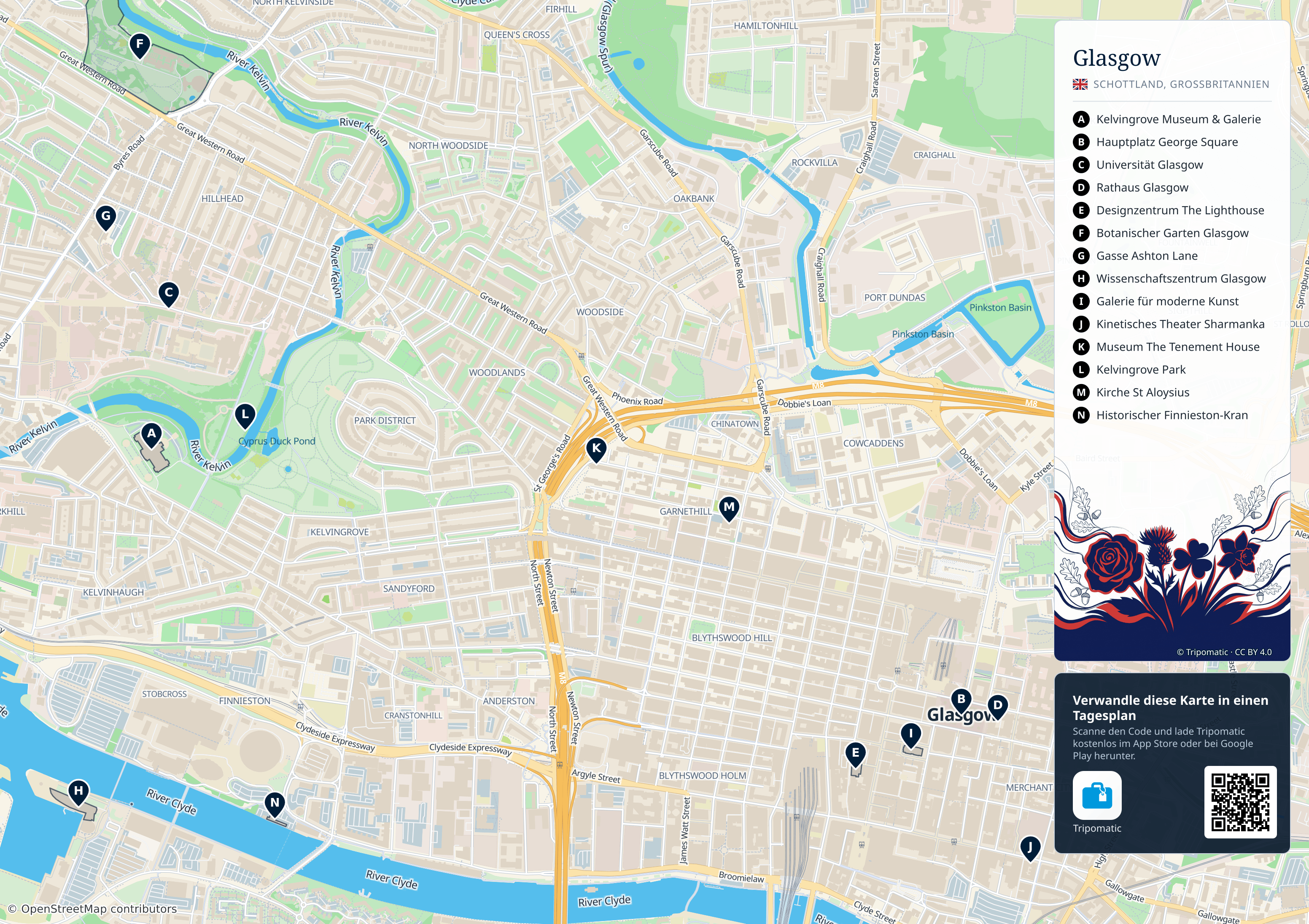 Glasgow – Touristenkarte zum Ausdrucken mit nummerierten Sehenswürdigkeiten
