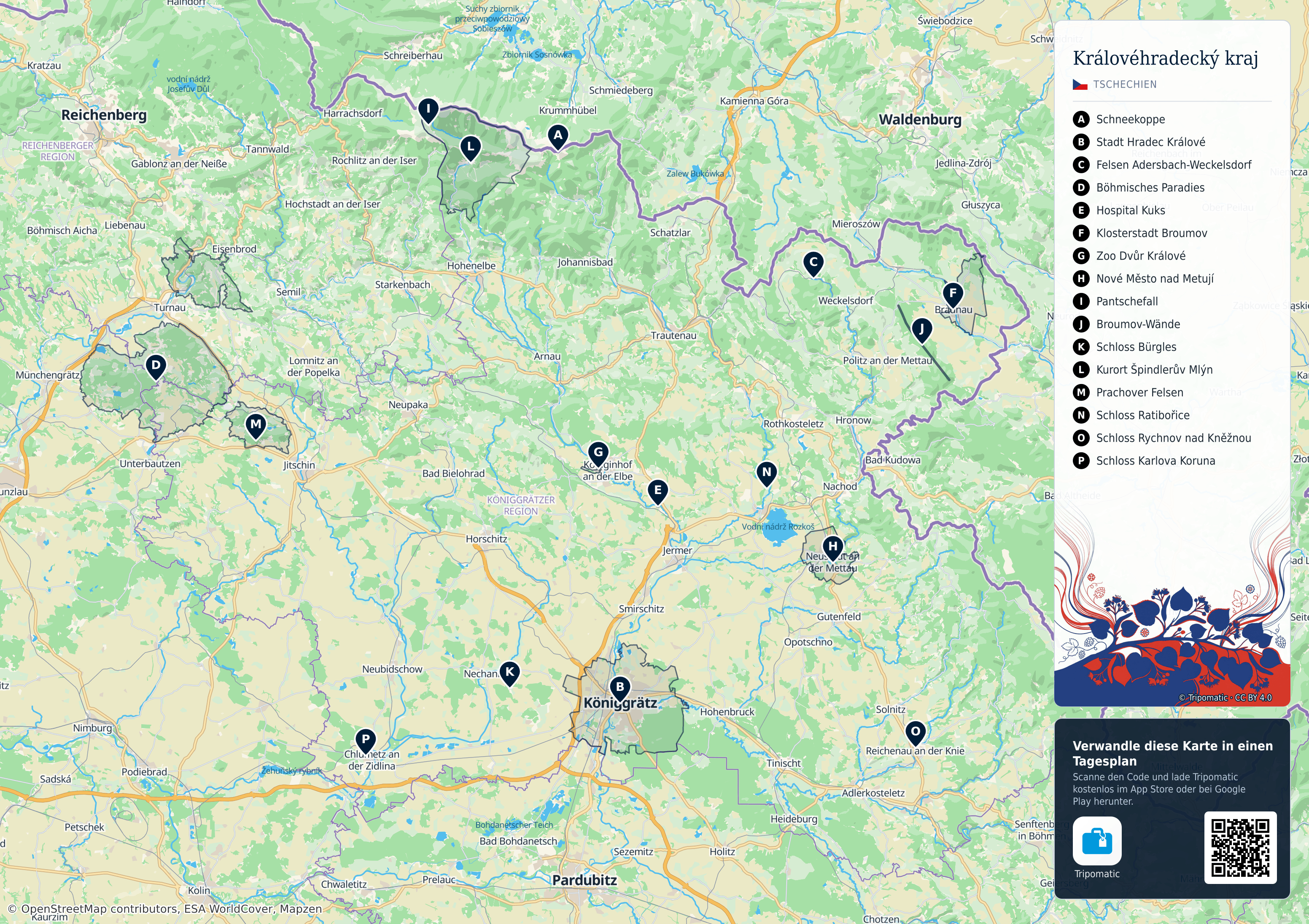 Královéhradecký kraj – Touristenkarte zum Ausdrucken mit nummerierten Sehenswürdigkeiten