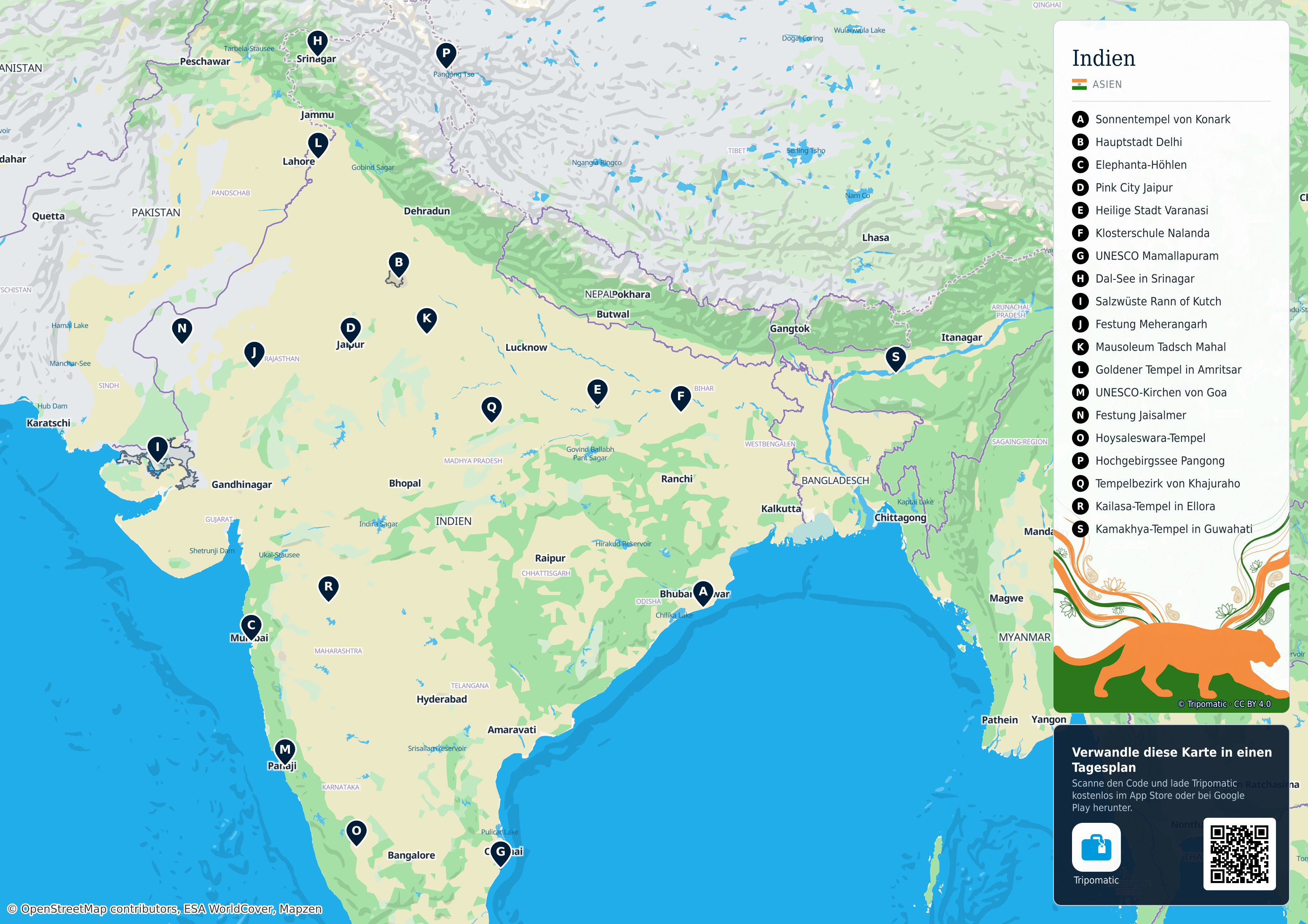 Indien – Touristenkarte zum Ausdrucken mit nummerierten Sehenswürdigkeiten