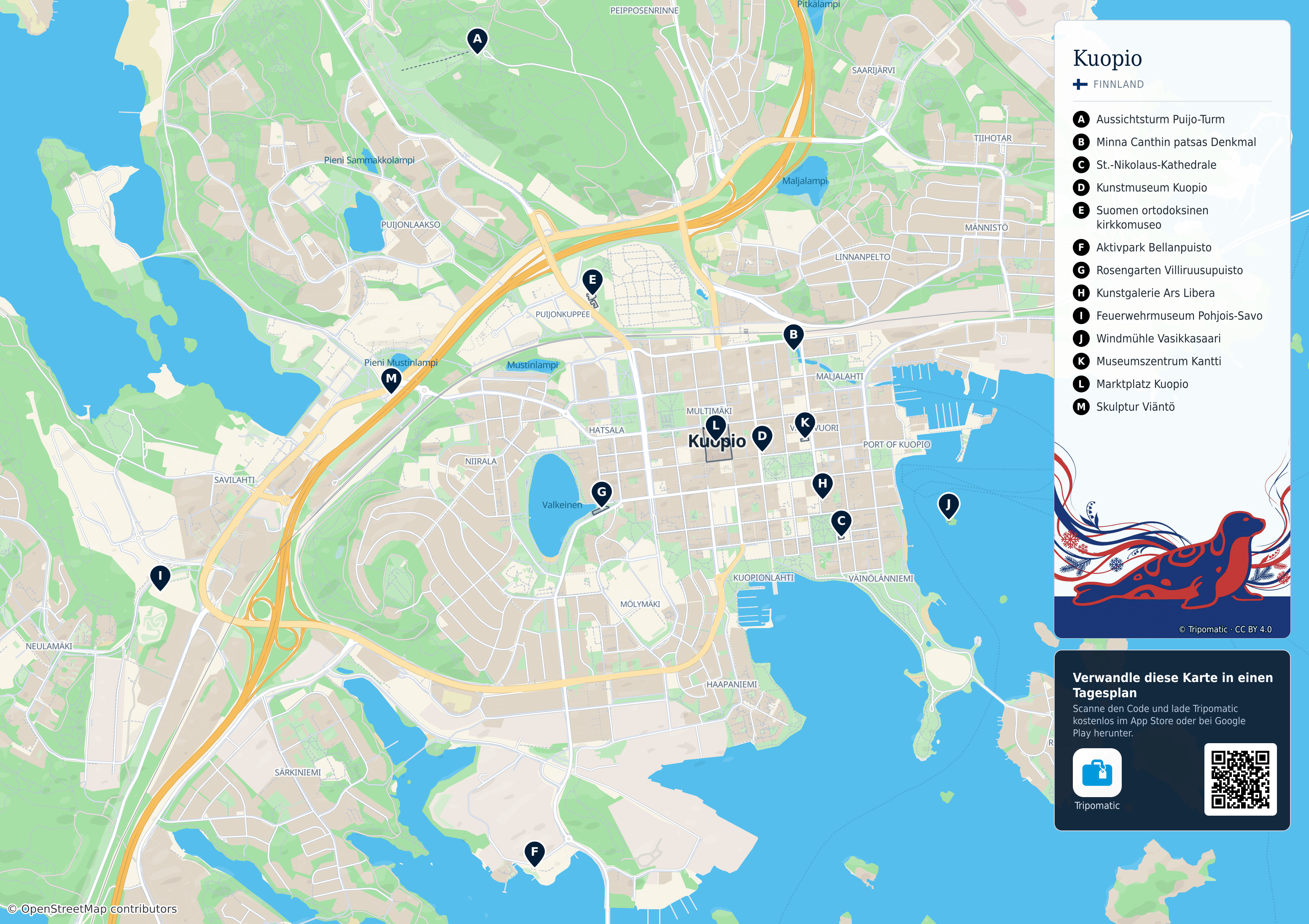 Kuopio – Touristenkarte zum Ausdrucken mit nummerierten Sehenswürdigkeiten