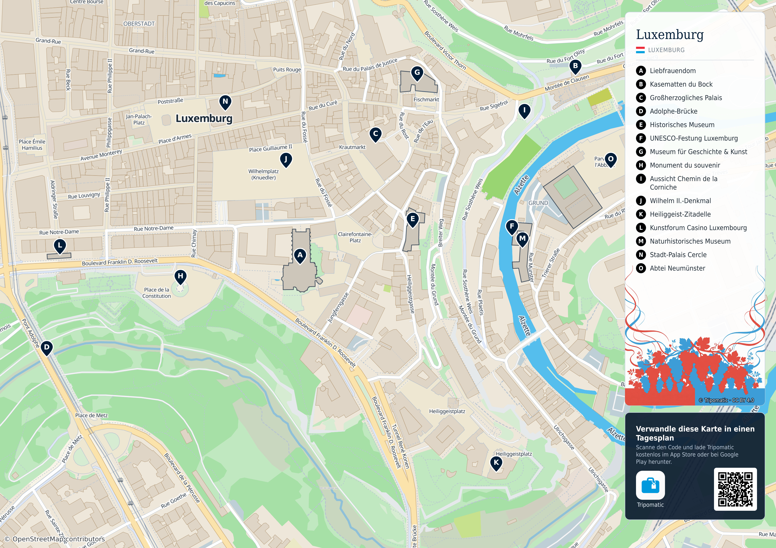 Luxemburg-Stadt – Touristenkarte zum Ausdrucken mit nummerierten Sehenswürdigkeiten