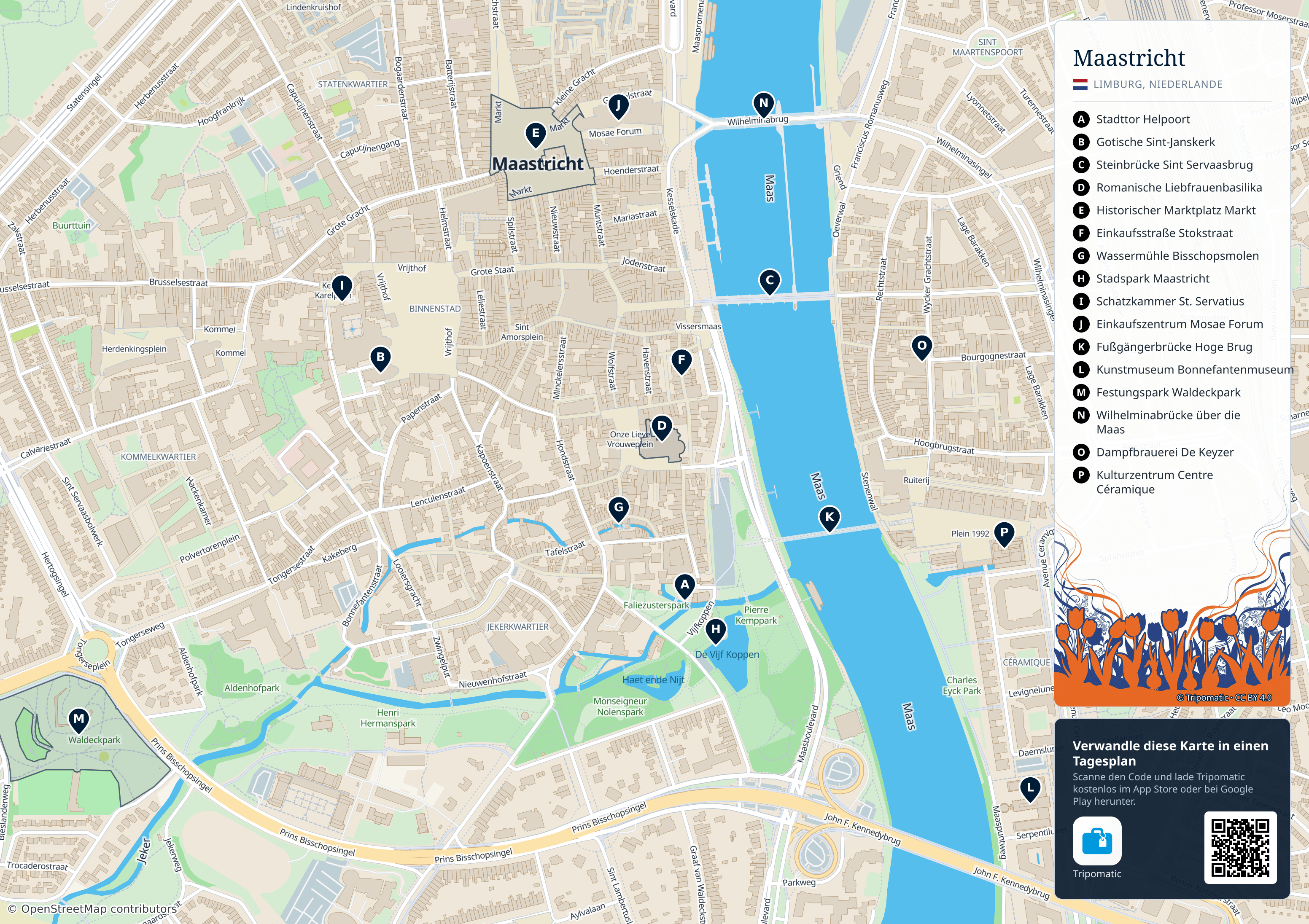 Maastricht – Touristenkarte zum Ausdrucken mit nummerierten Sehenswürdigkeiten