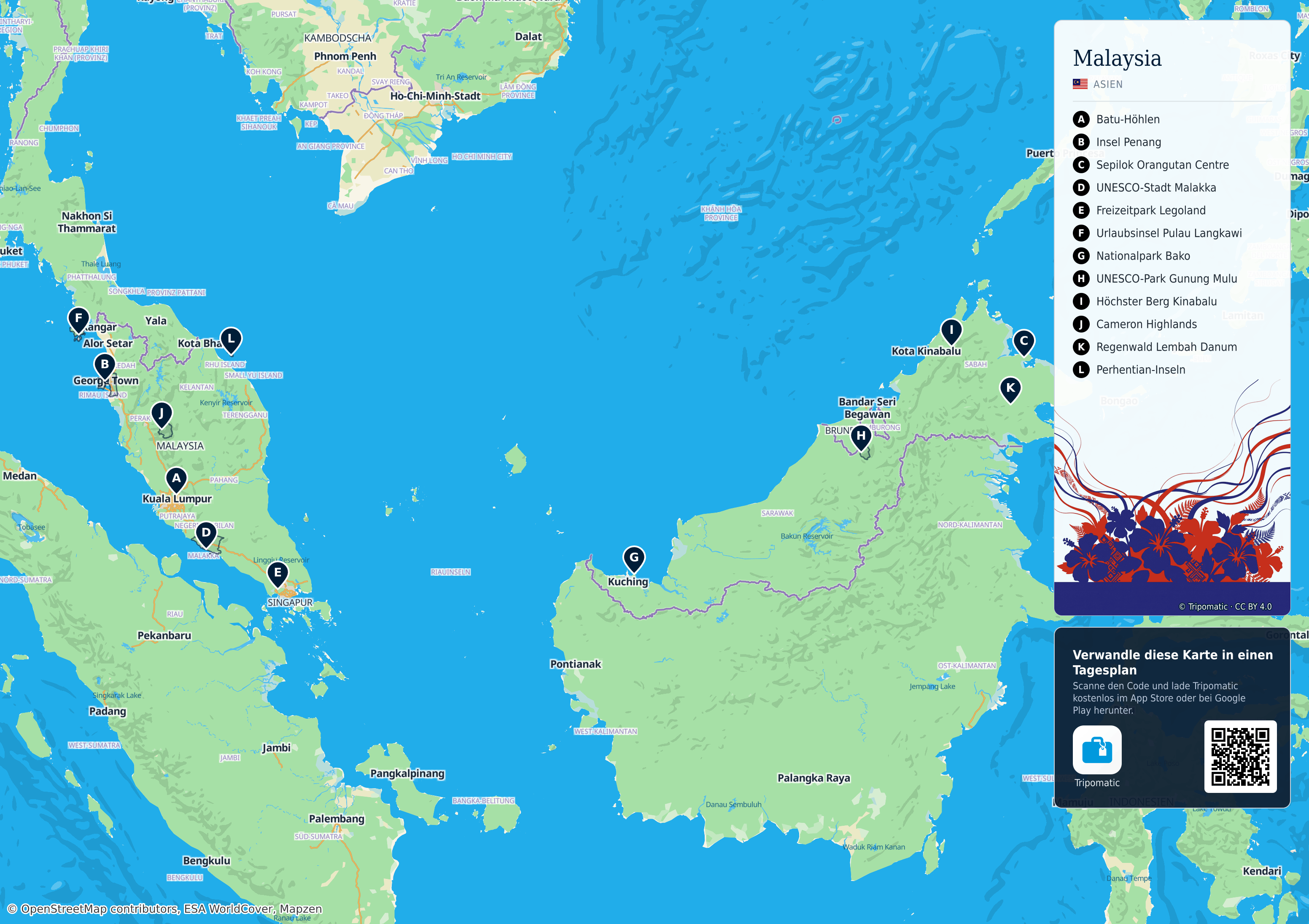 Malaysia – Touristenkarte zum Ausdrucken mit nummerierten Sehenswürdigkeiten