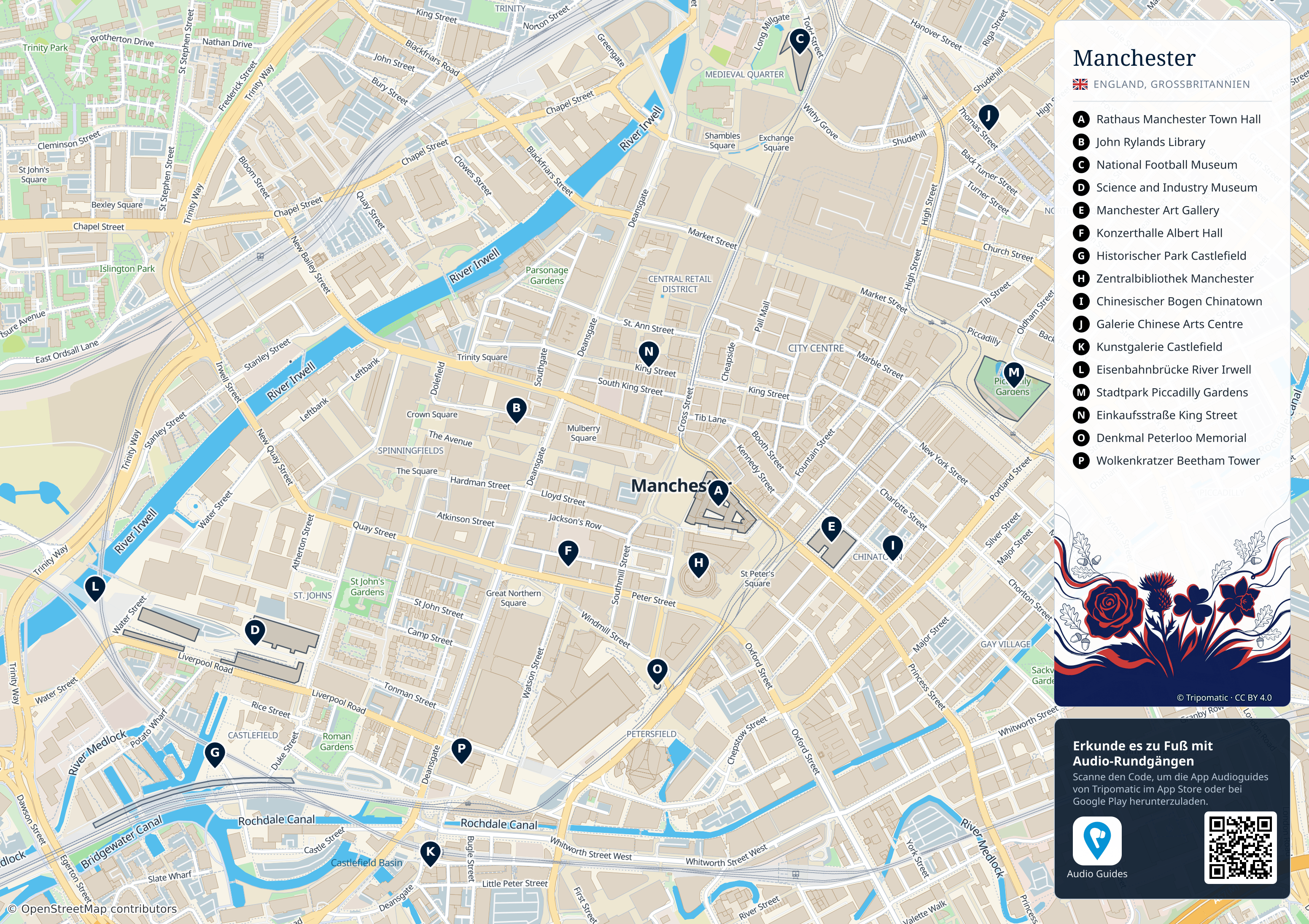 Manchester – Touristenkarte zum Ausdrucken mit nummerierten Sehenswürdigkeiten