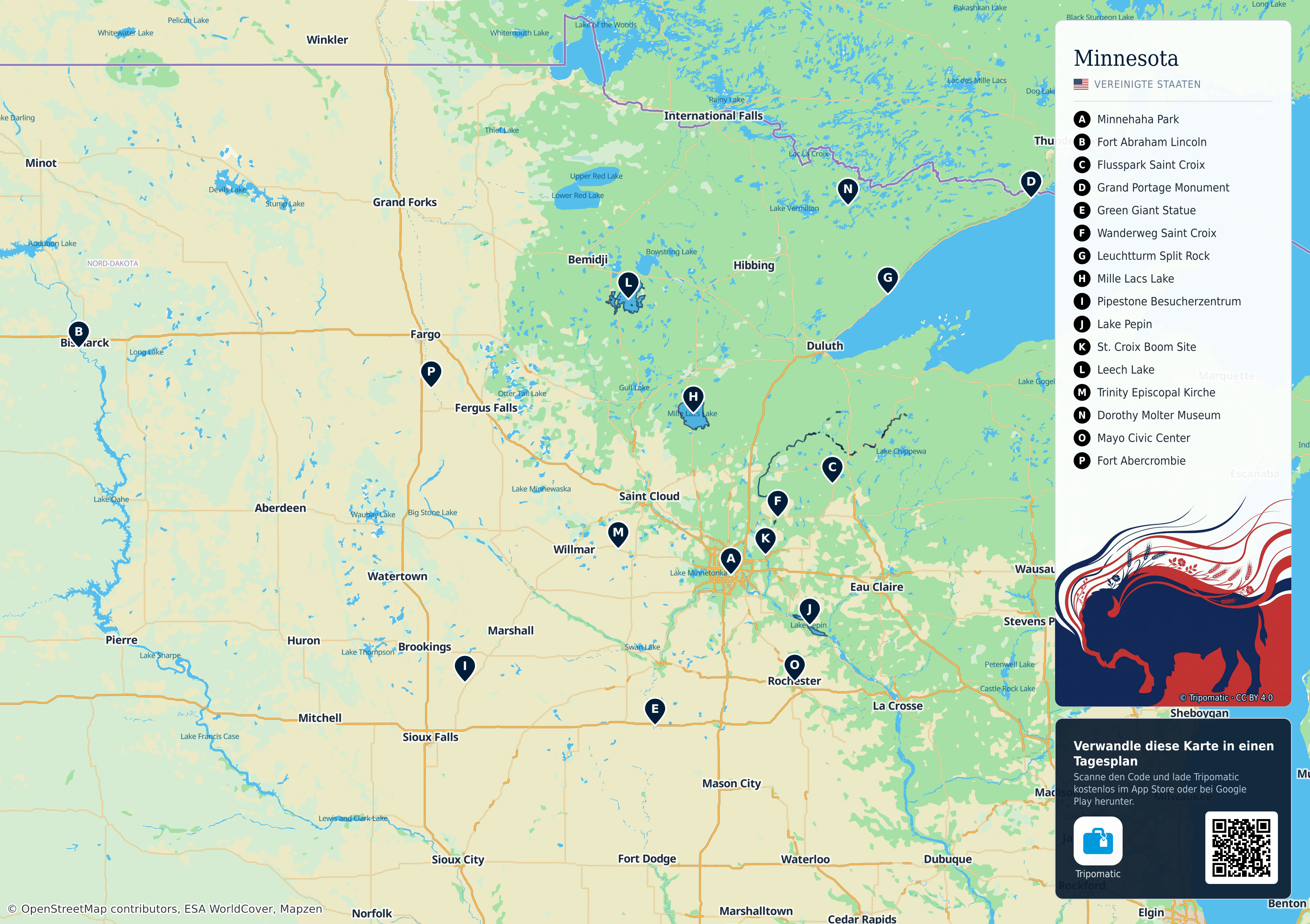 Minnesota – Touristenkarte zum Ausdrucken mit nummerierten Sehenswürdigkeiten