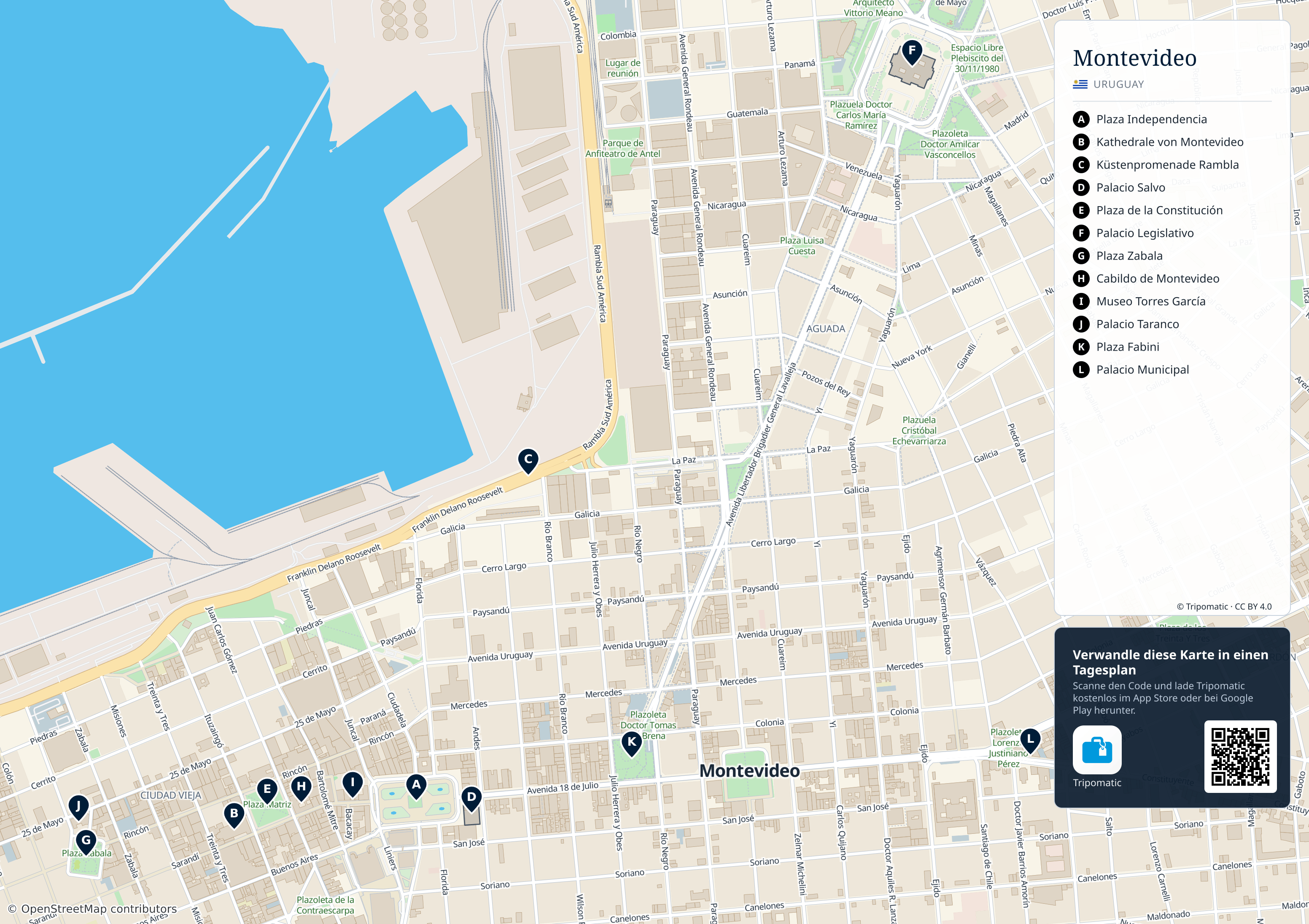Departamento Montevideo – Touristenkarte zum Ausdrucken mit nummerierten Sehenswürdigkeiten