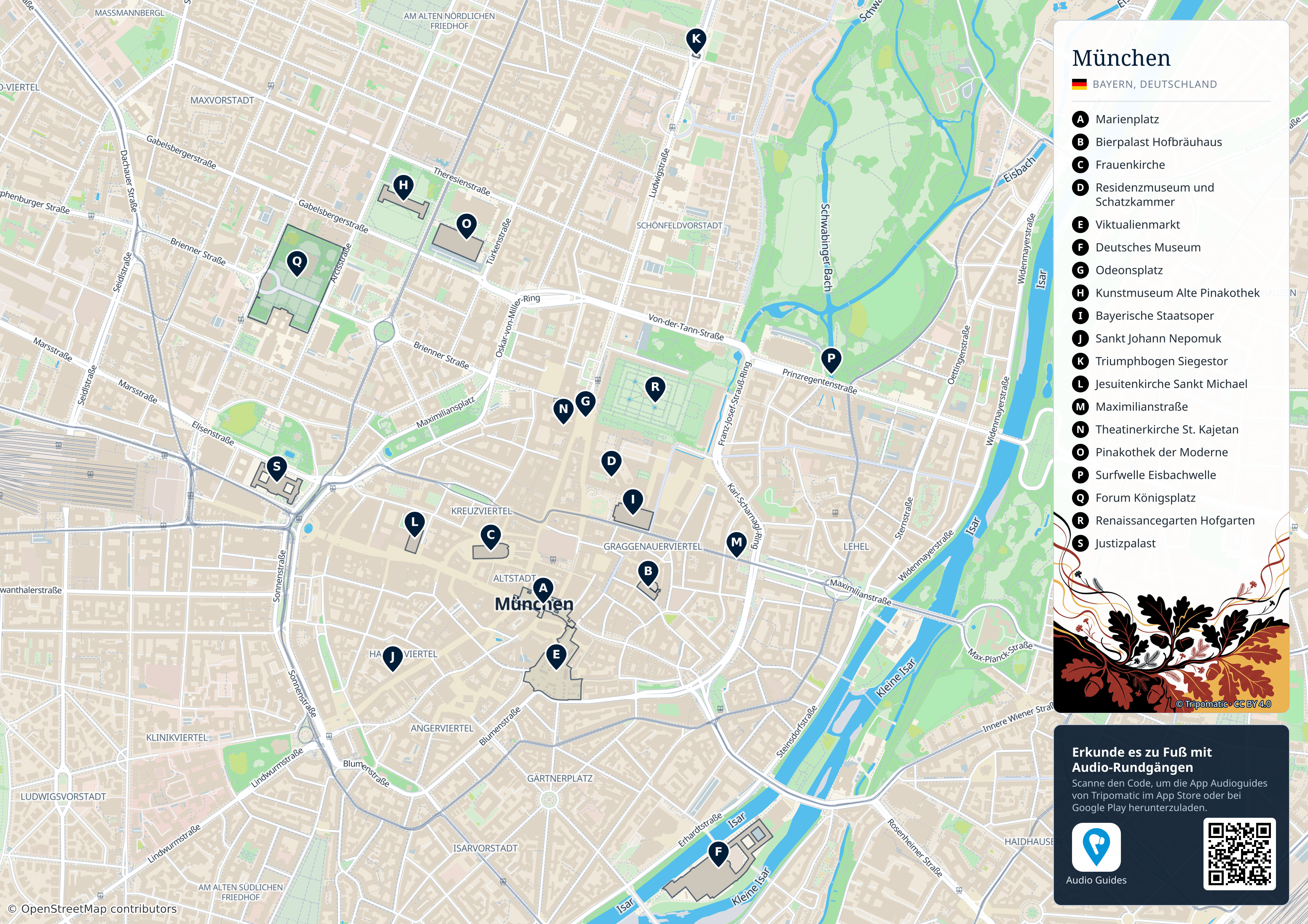 München – Touristenkarte zum Ausdrucken mit nummerierten Sehenswürdigkeiten