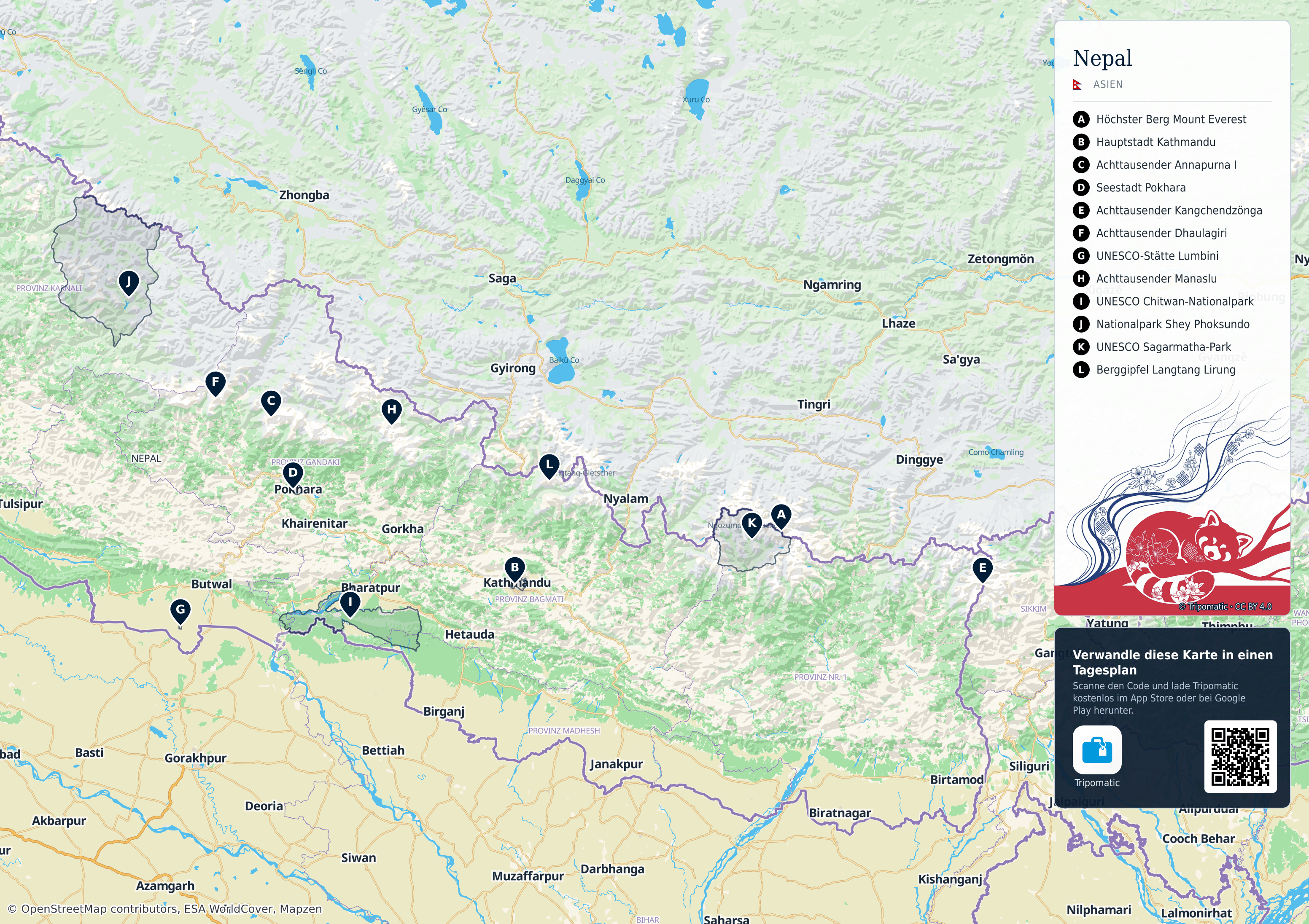 Nepal – Touristenkarte zum Ausdrucken mit nummerierten Sehenswürdigkeiten