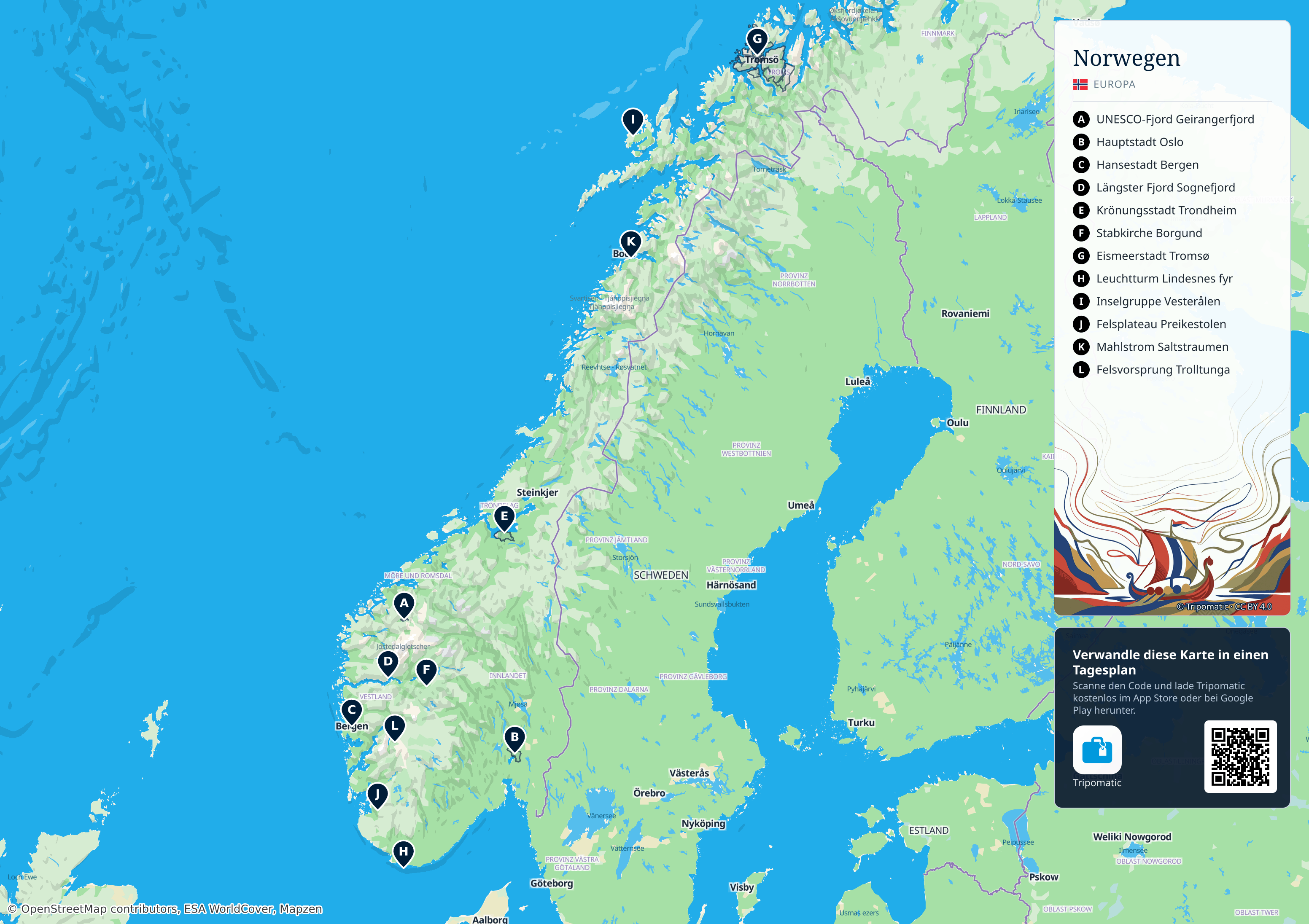 Norwegen – Touristenkarte zum Ausdrucken mit nummerierten Sehenswürdigkeiten