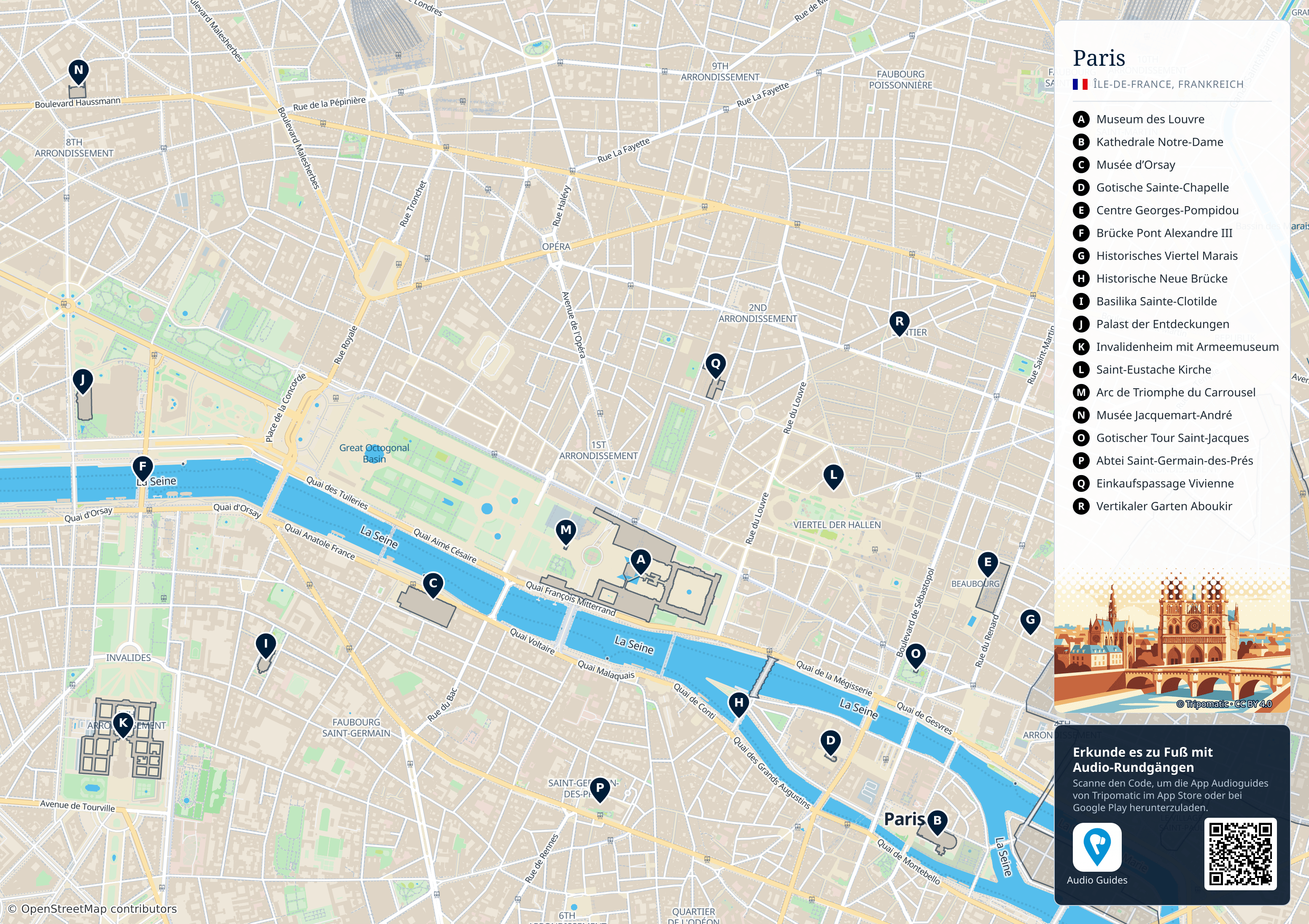Paris – Touristenkarte zum Ausdrucken mit nummerierten Sehenswürdigkeiten