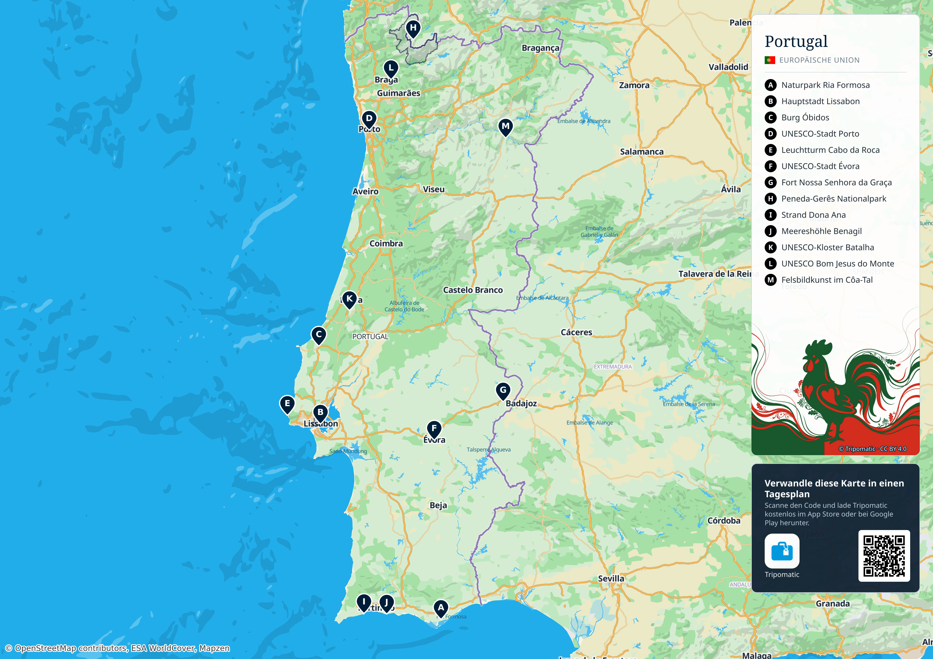 Portugal – Touristenkarte zum Ausdrucken mit nummerierten Sehenswürdigkeiten