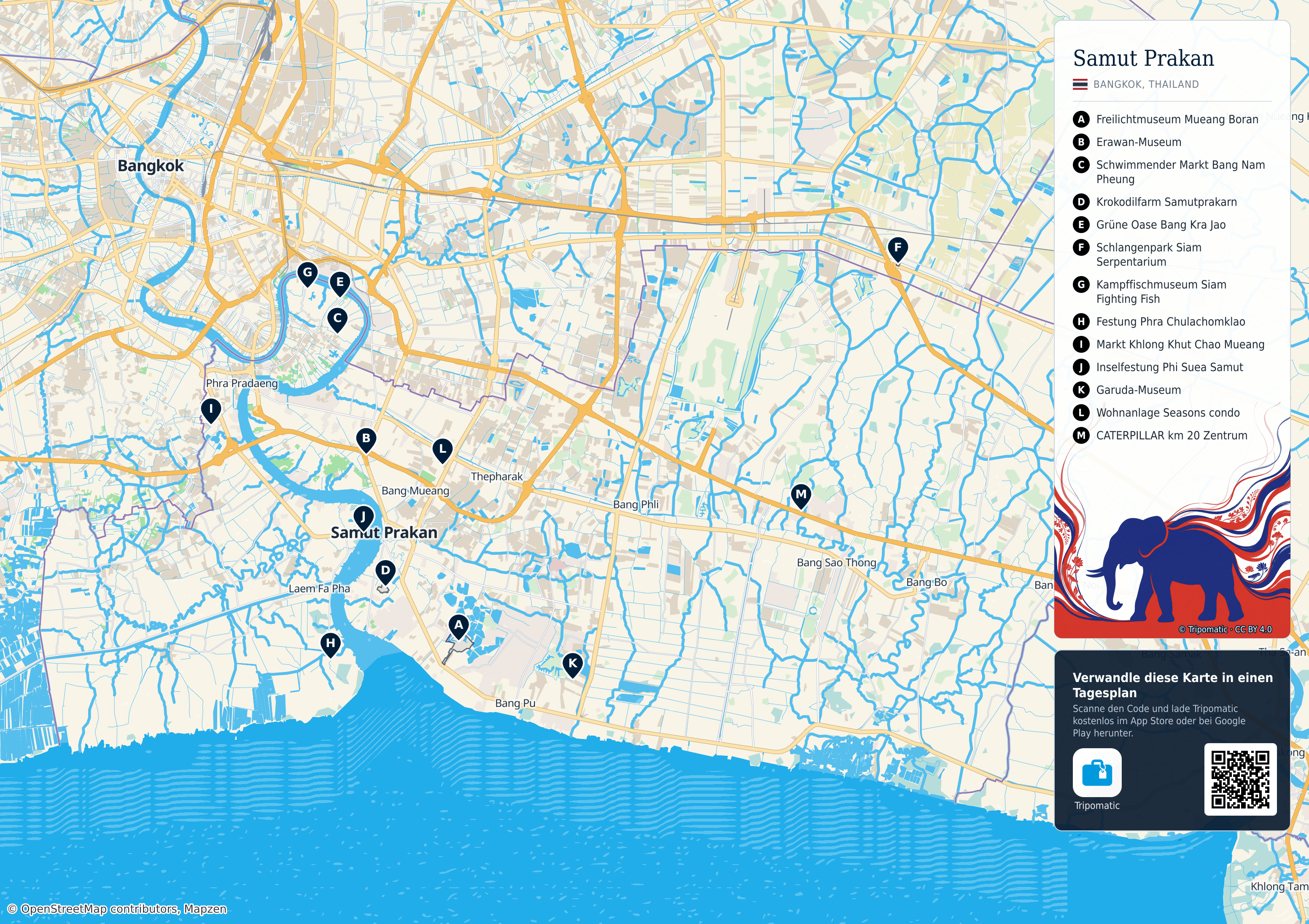 Samut Prakan – Touristenkarte zum Ausdrucken mit nummerierten Sehenswürdigkeiten