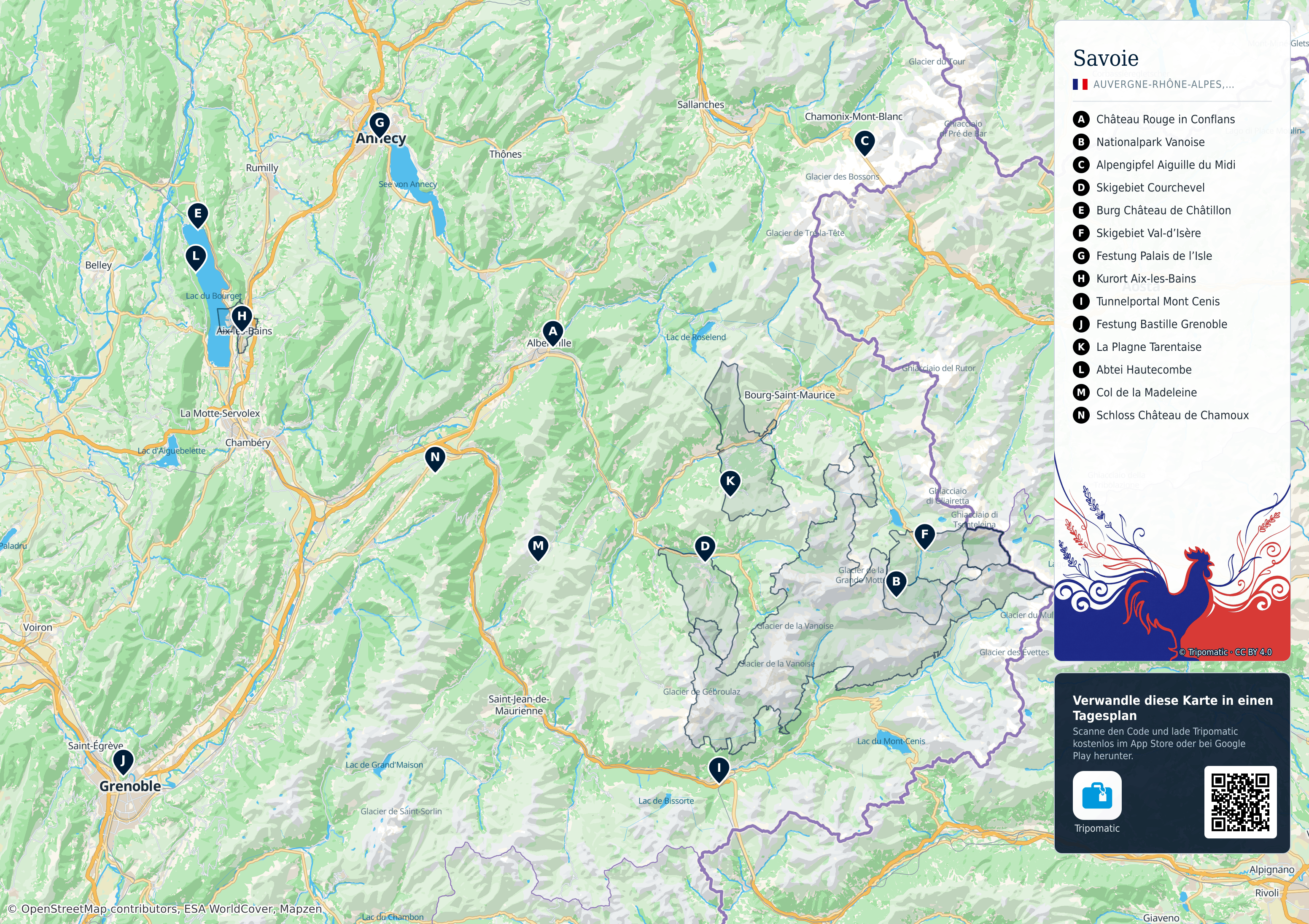 Savoie – Touristenkarte zum Ausdrucken mit nummerierten Sehenswürdigkeiten