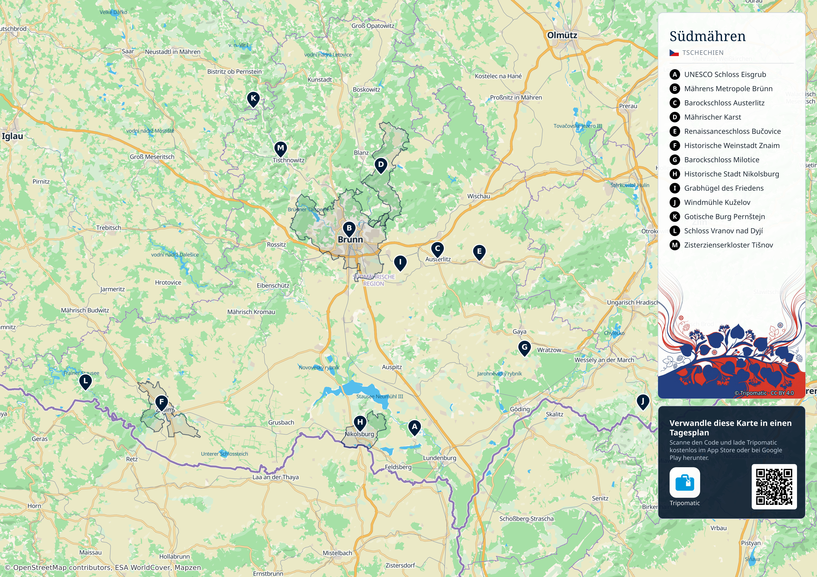 Jihomoravský kraj – Touristenkarte zum Ausdrucken mit nummerierten Sehenswürdigkeiten