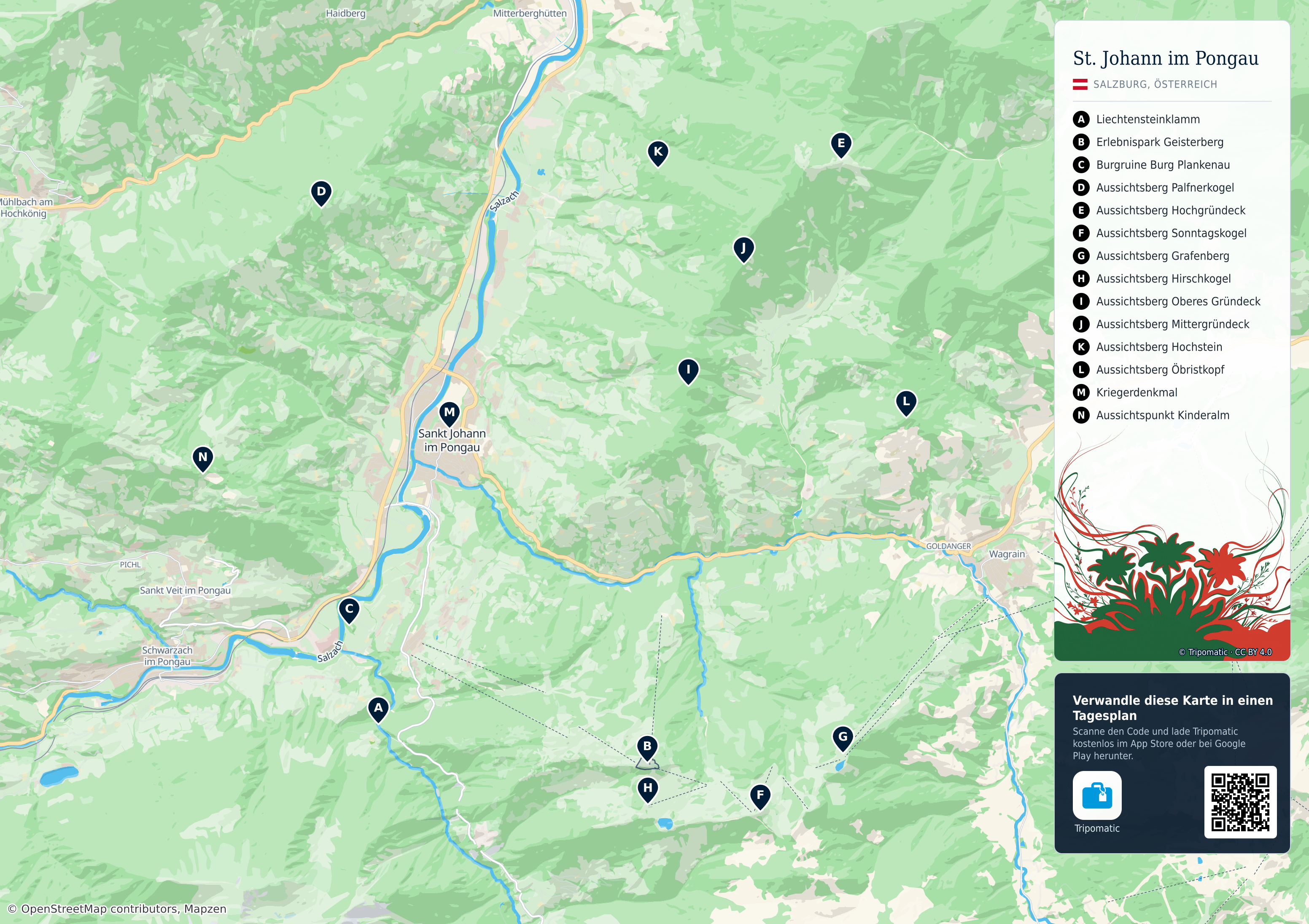 St. Johann im Pongau – Touristenkarte zum Ausdrucken mit nummerierten Sehenswürdigkeiten