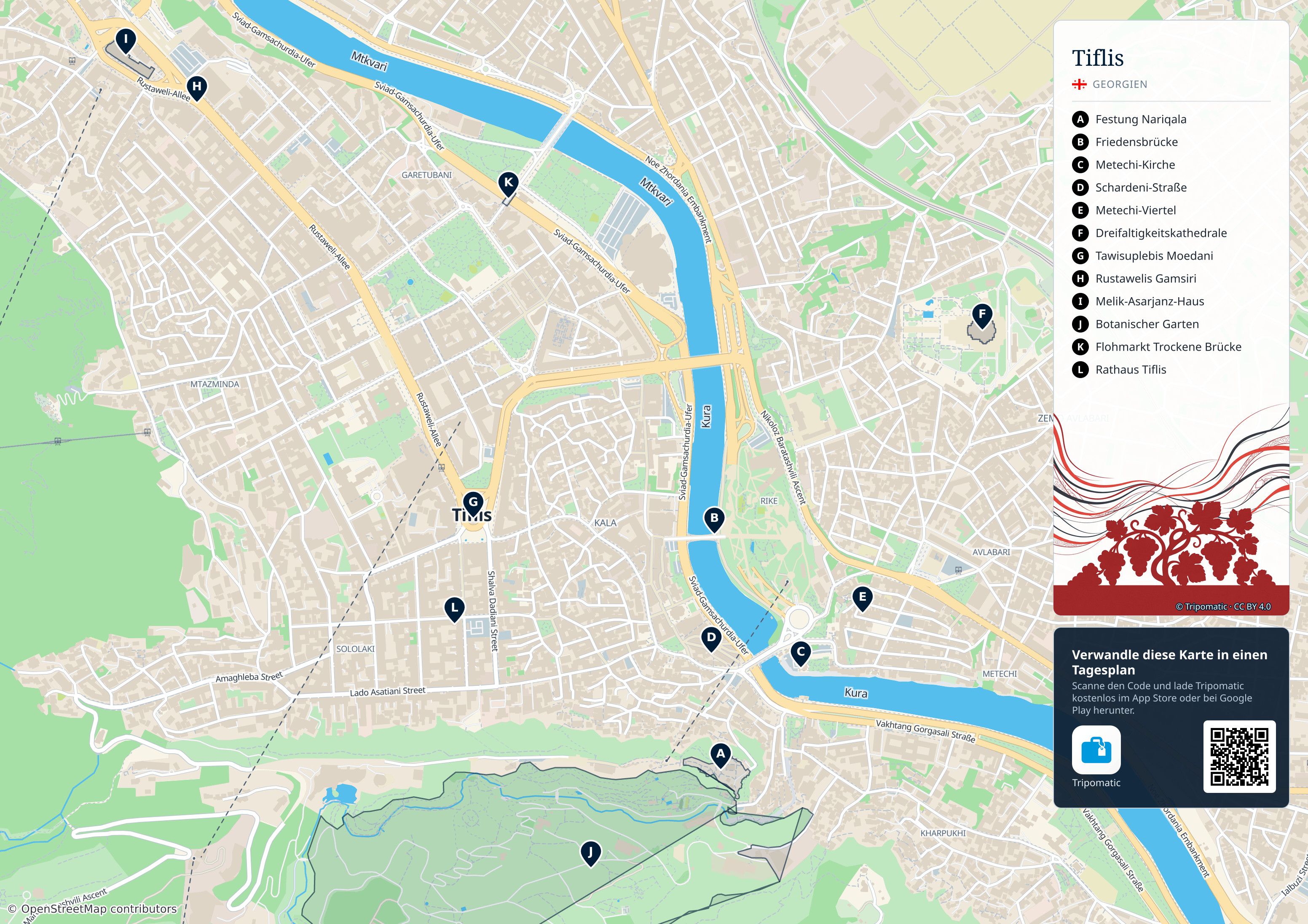 Tiflis – Touristenkarte zum Ausdrucken mit nummerierten Sehenswürdigkeiten