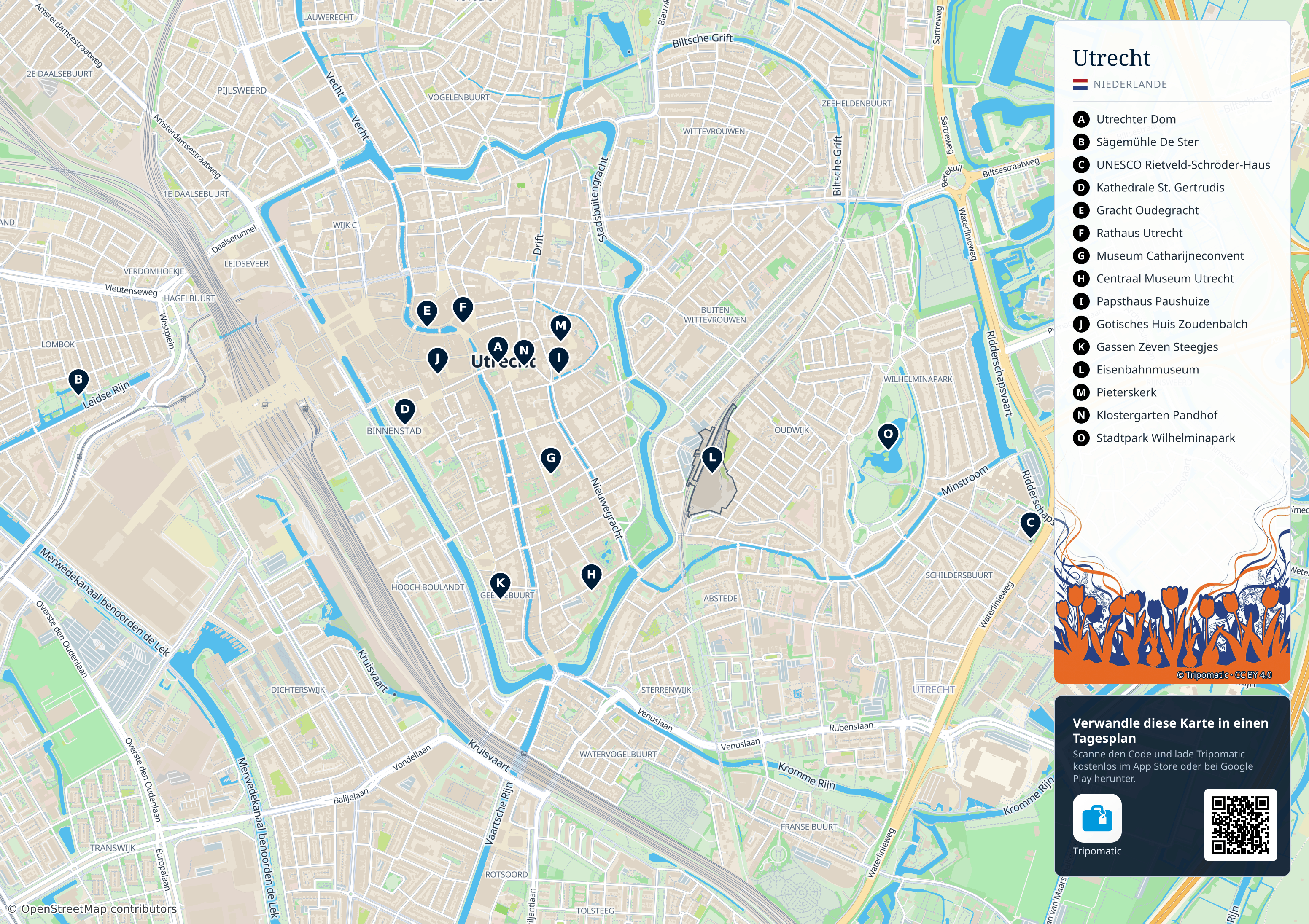 Utrecht – Touristenkarte zum Ausdrucken mit nummerierten Sehenswürdigkeiten