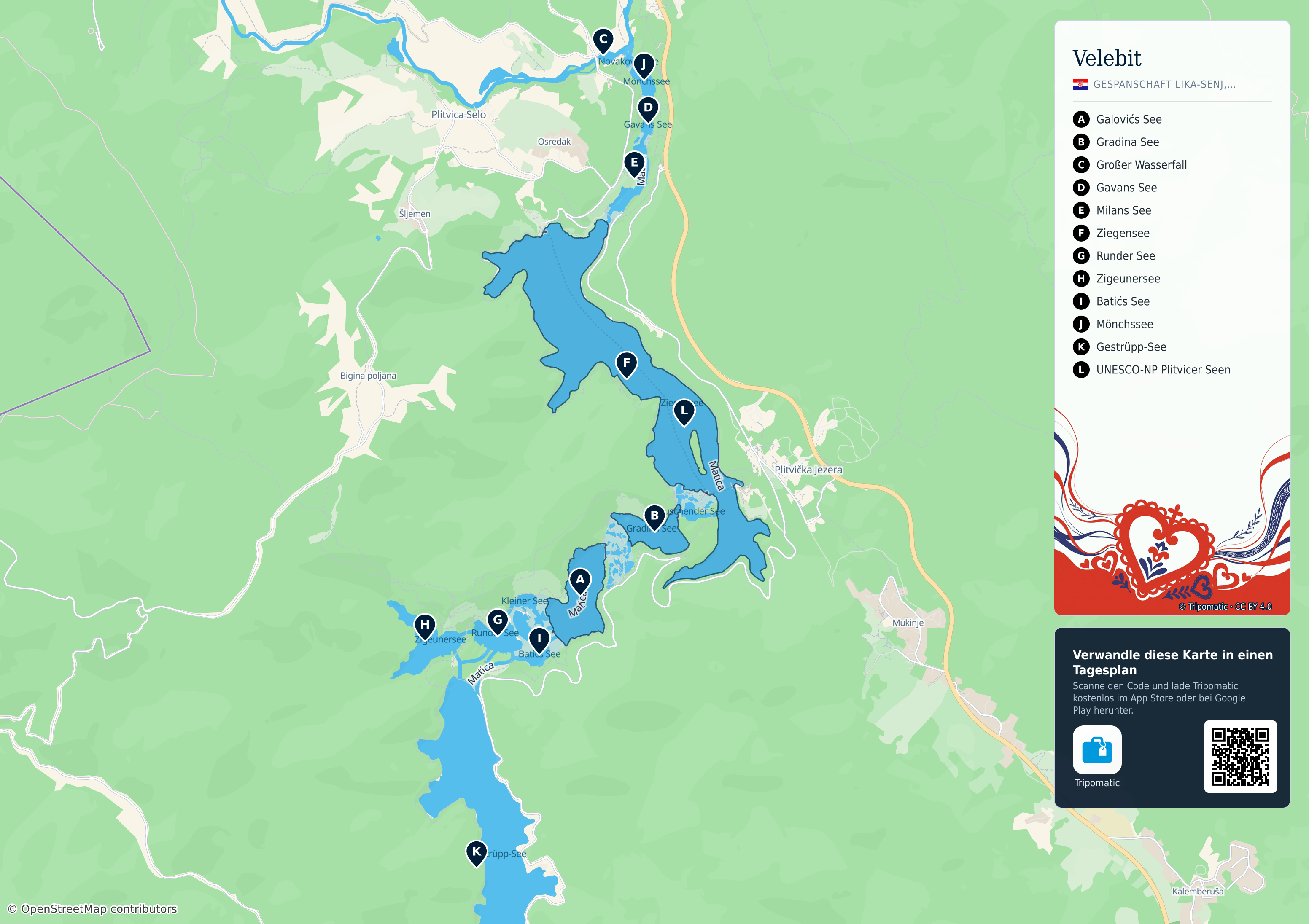 Velebit – Touristenkarte zum Ausdrucken mit nummerierten Sehenswürdigkeiten