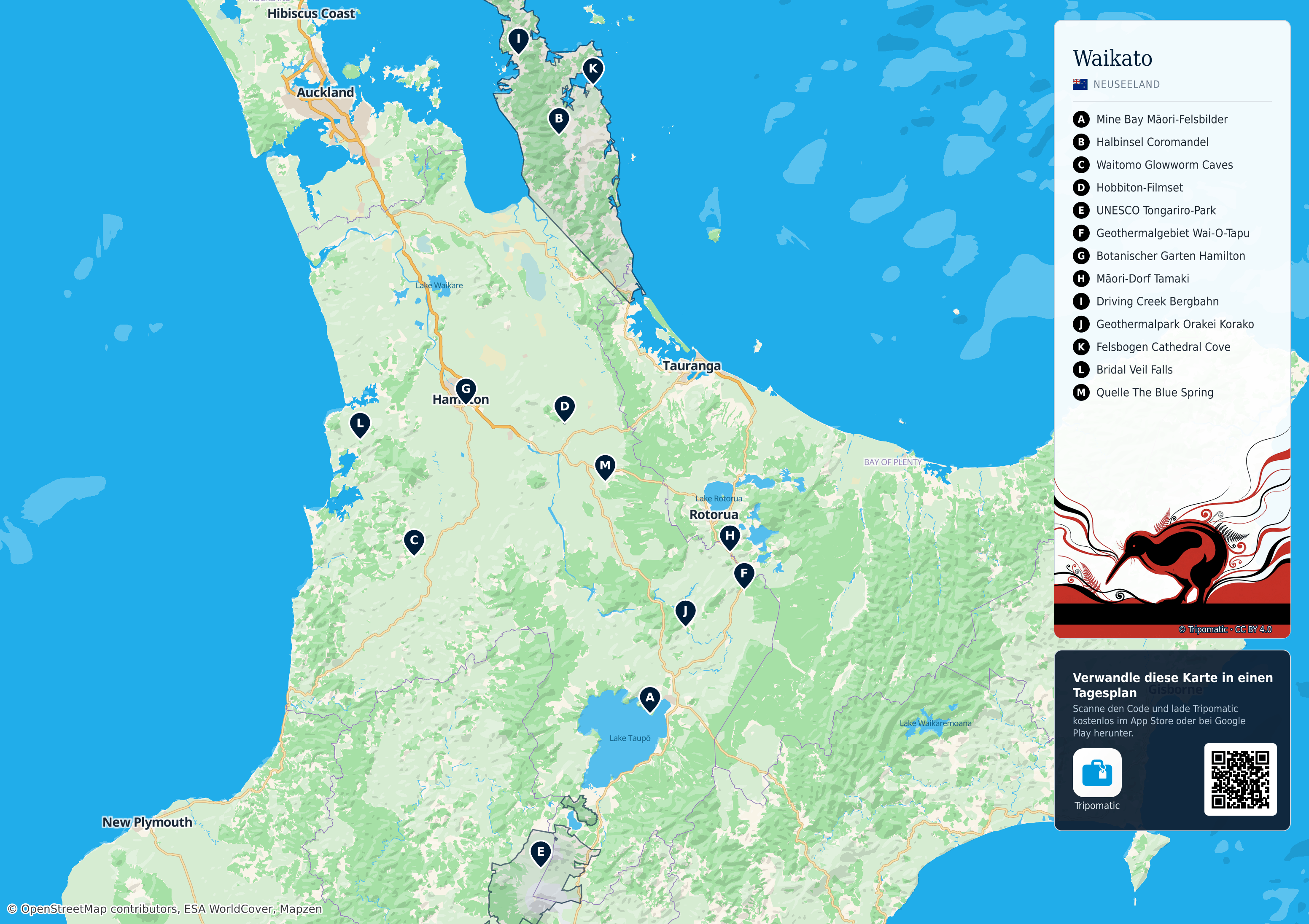 Waikato – Touristenkarte zum Ausdrucken mit nummerierten Sehenswürdigkeiten
