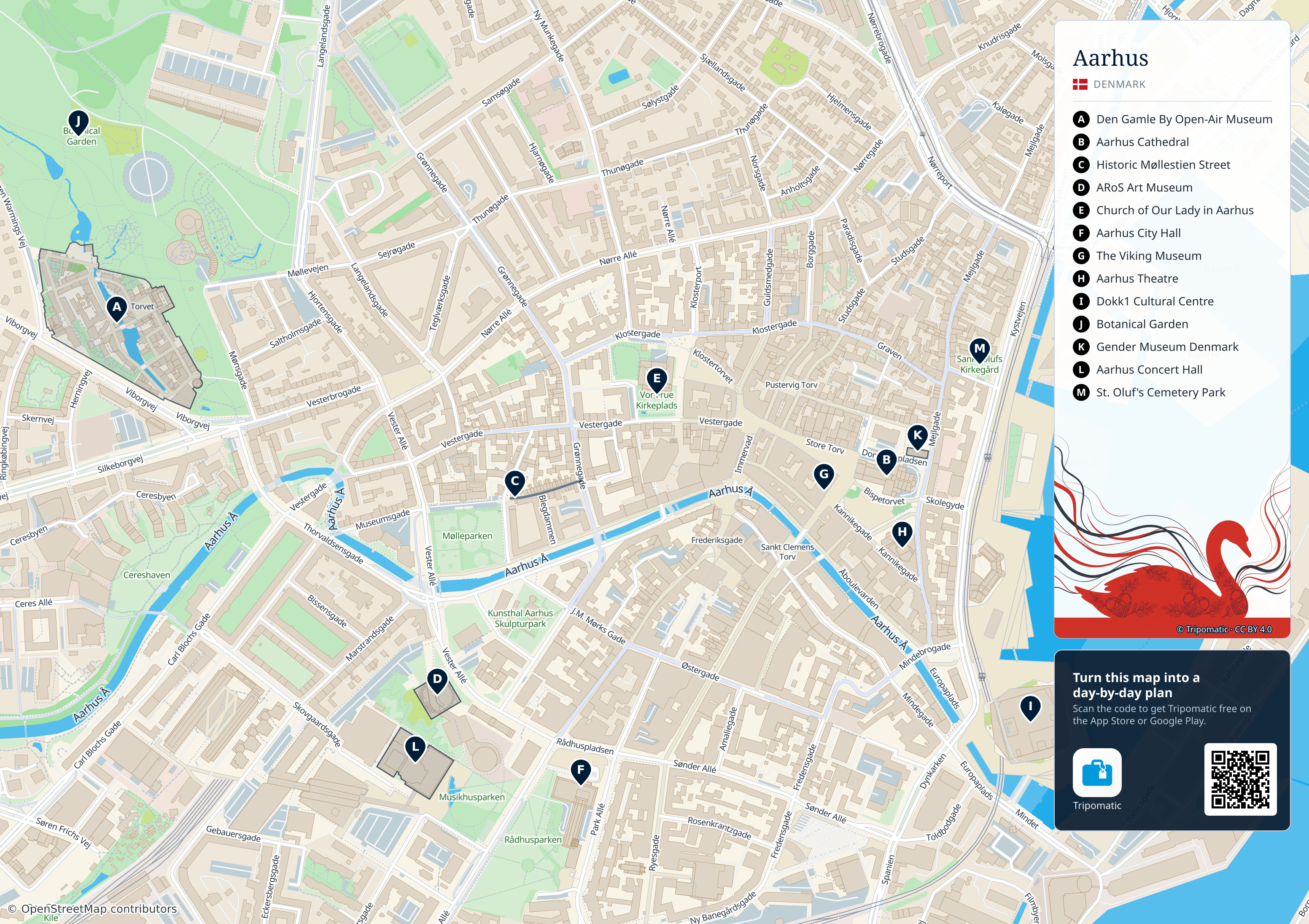 Aarhus – printable tourist map with numbered top attractions