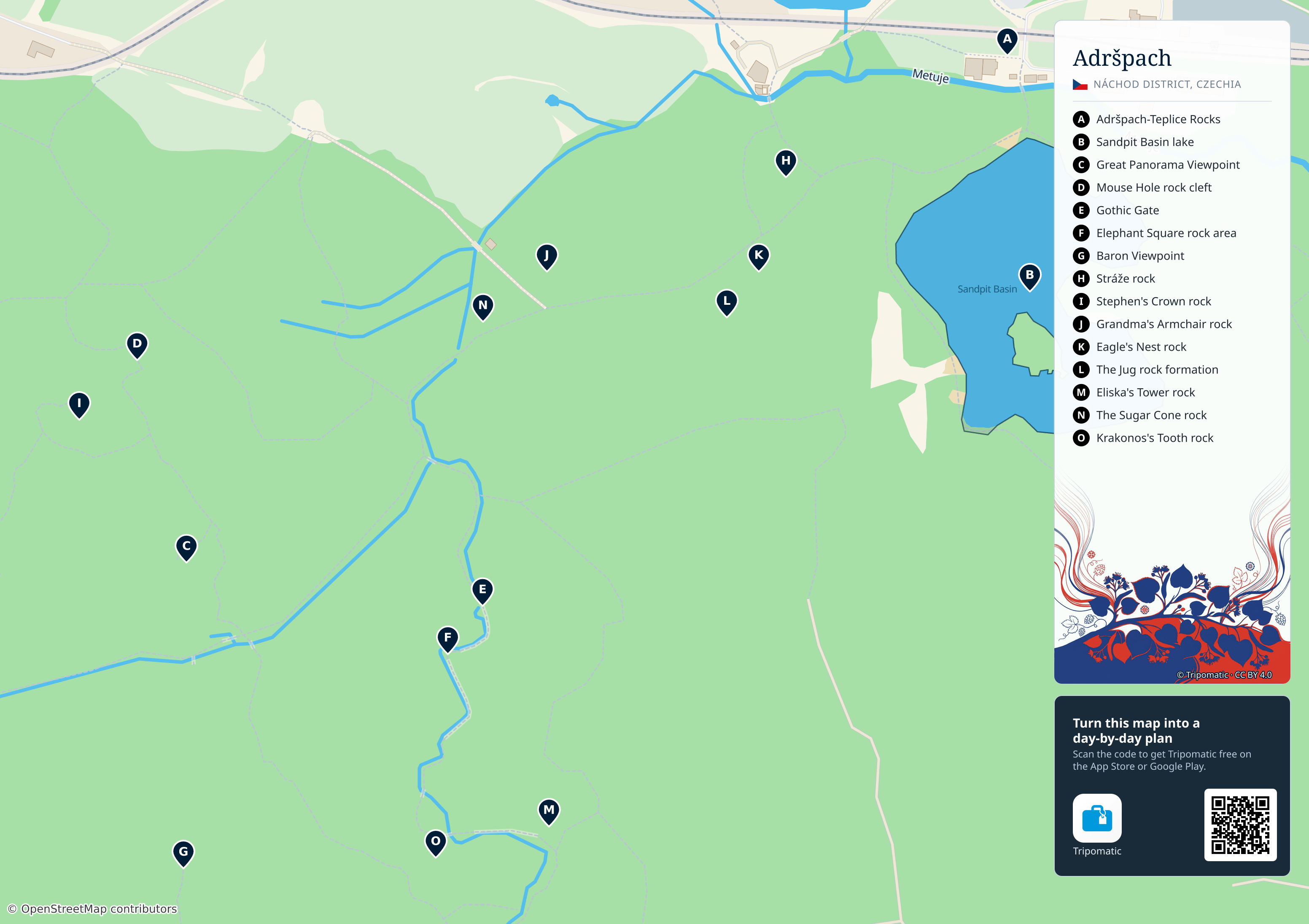 Adrspach – printable tourist map with numbered top attractions