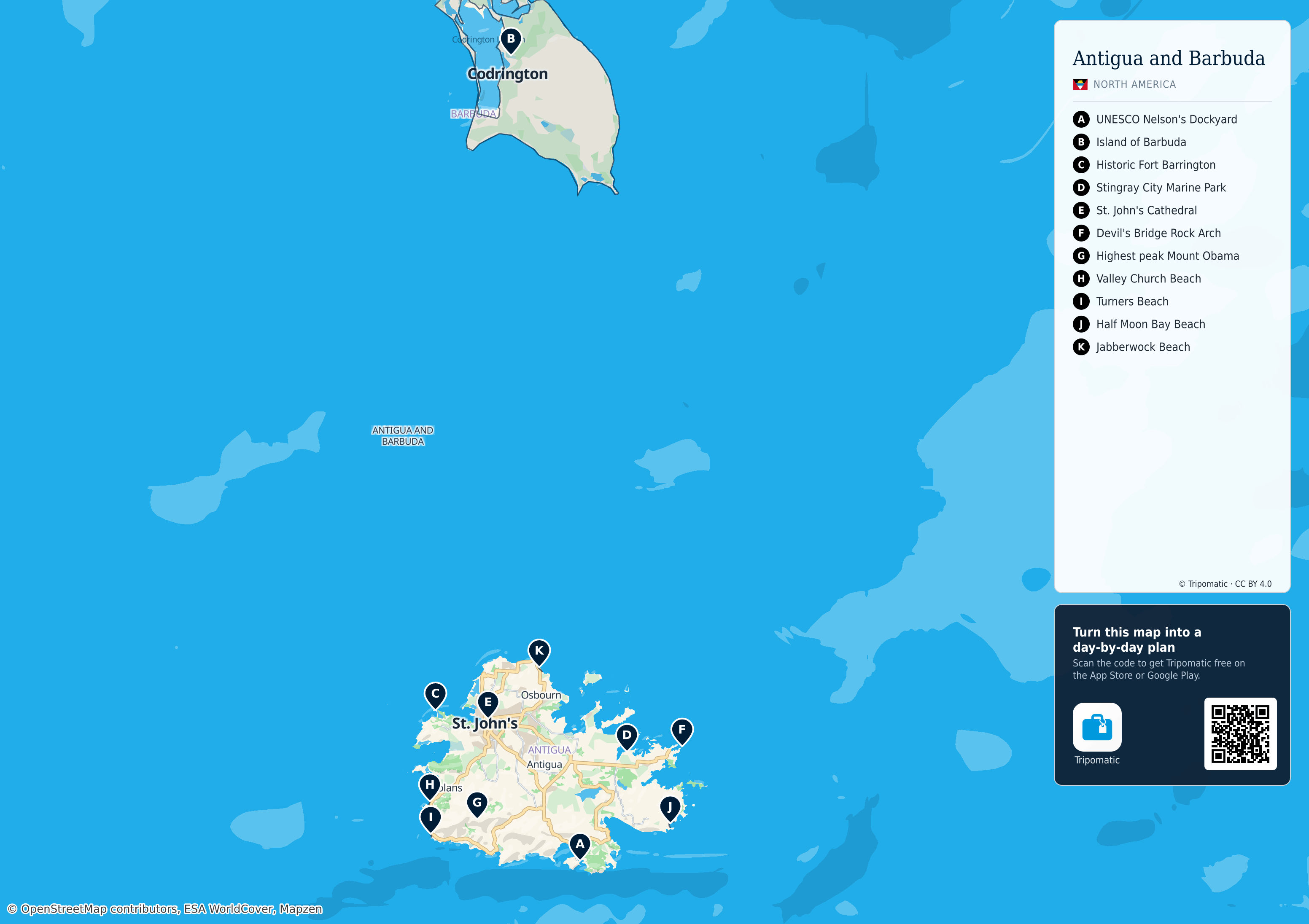 Antigua and Barbuda – printable tourist map with numbered top attractions