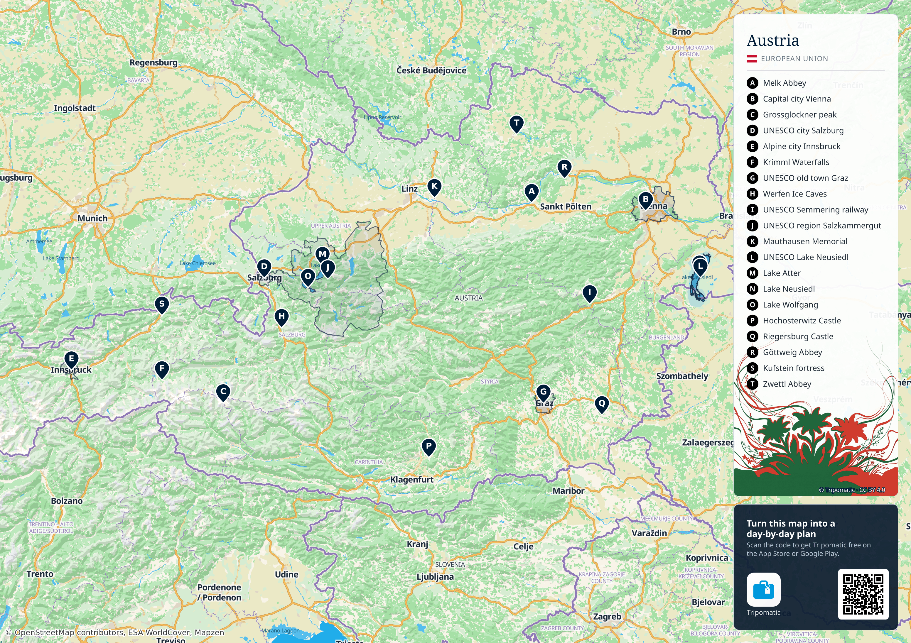 Austria – printable tourist map with numbered top attractions