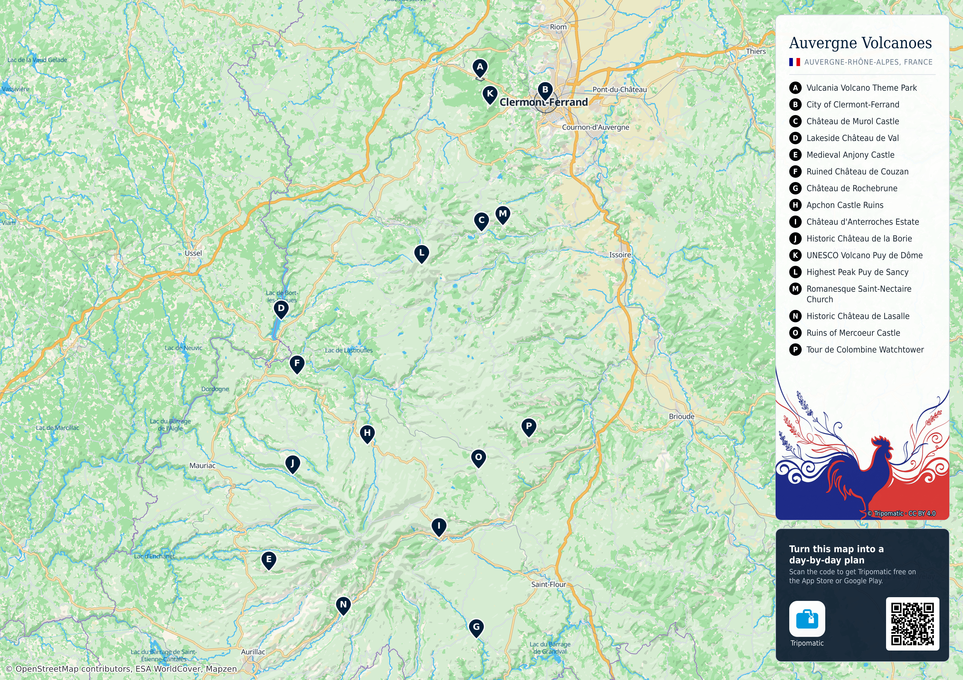 Auvergne Volcanoes Regional Park – printable tourist map with numbered top attractions