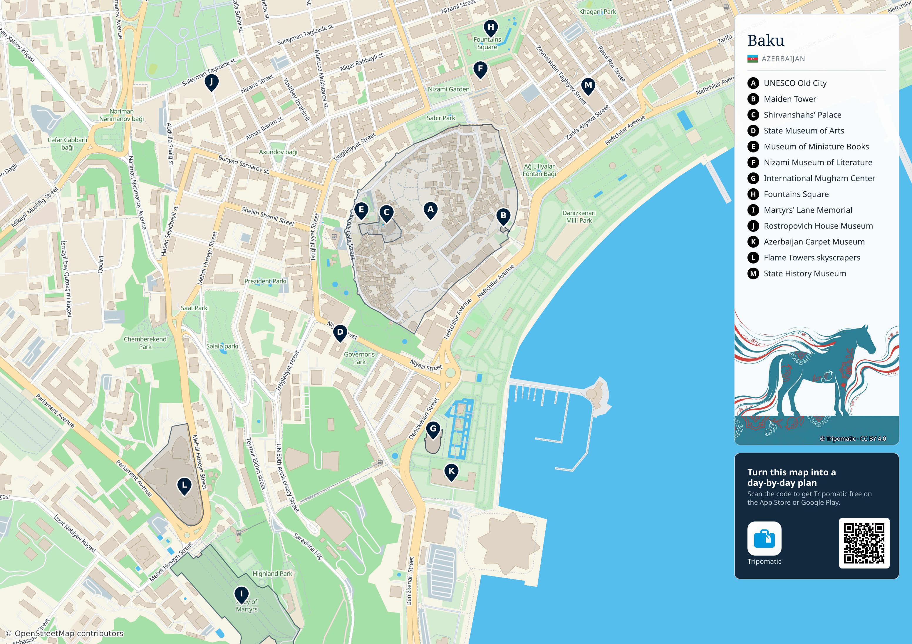 Baku – printable tourist map with numbered top attractions