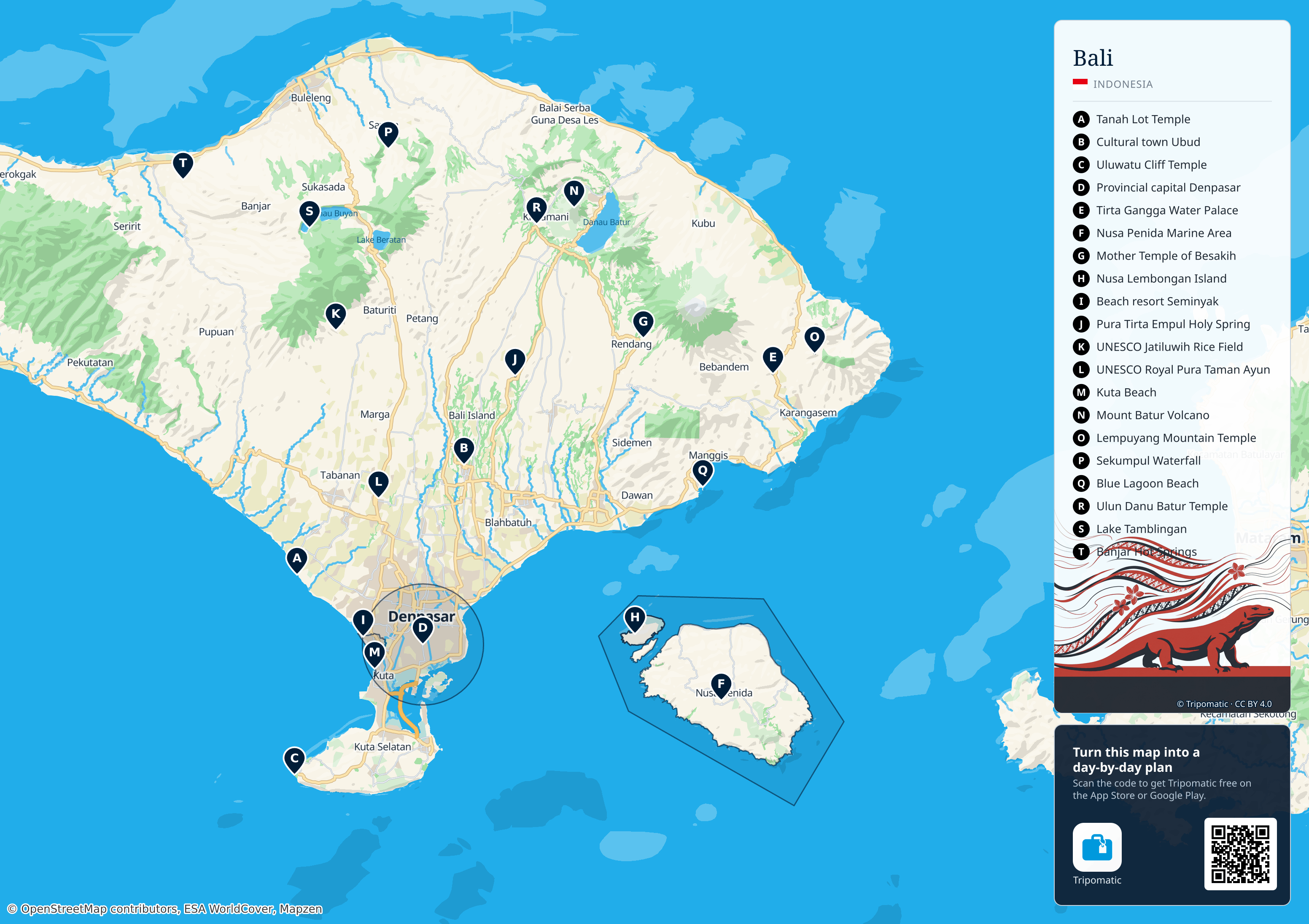 Bali Province – printable tourist map with numbered top attractions