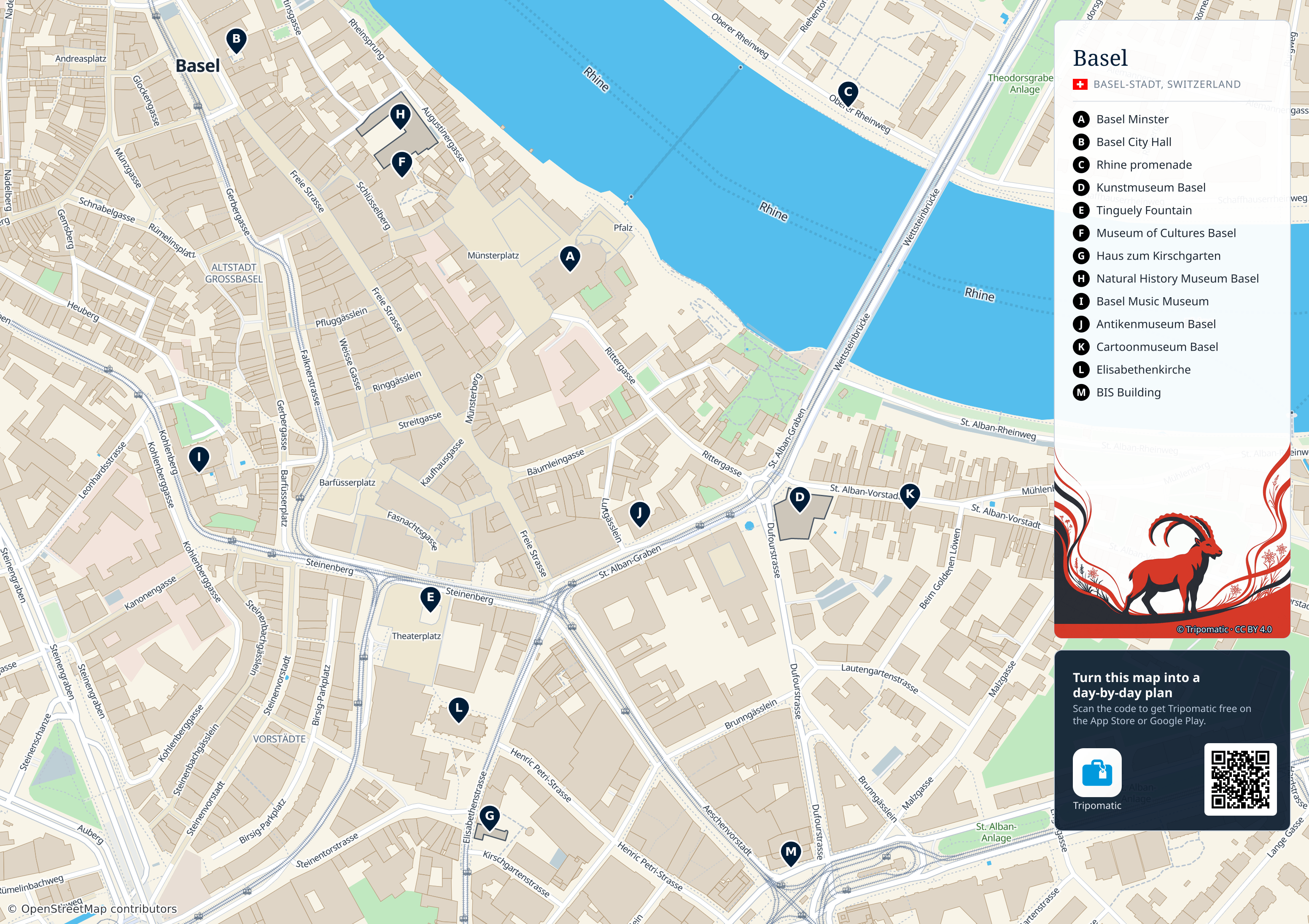 Basel – printable tourist map with numbered top attractions