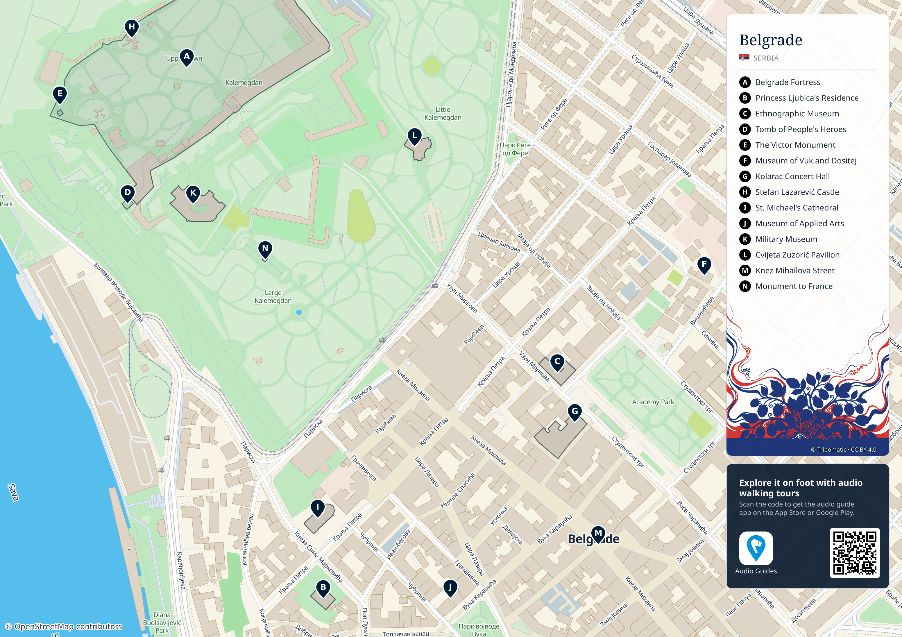 Belgrade – printable tourist map with numbered top attractions