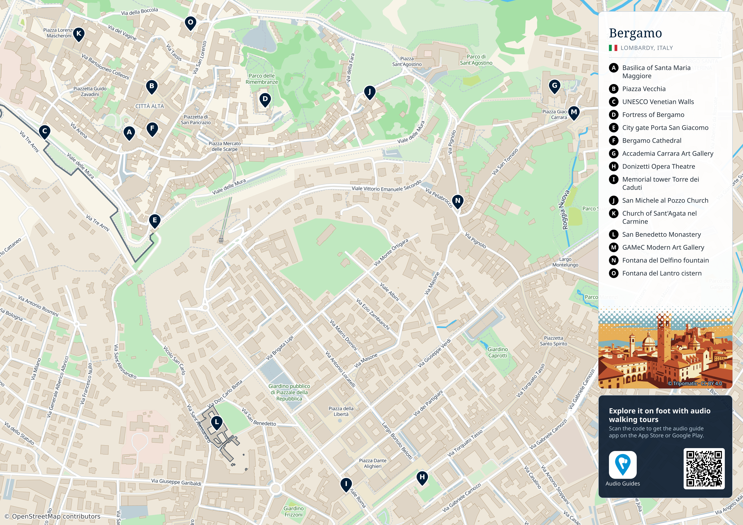 Bergamo – printable tourist map with numbered top attractions