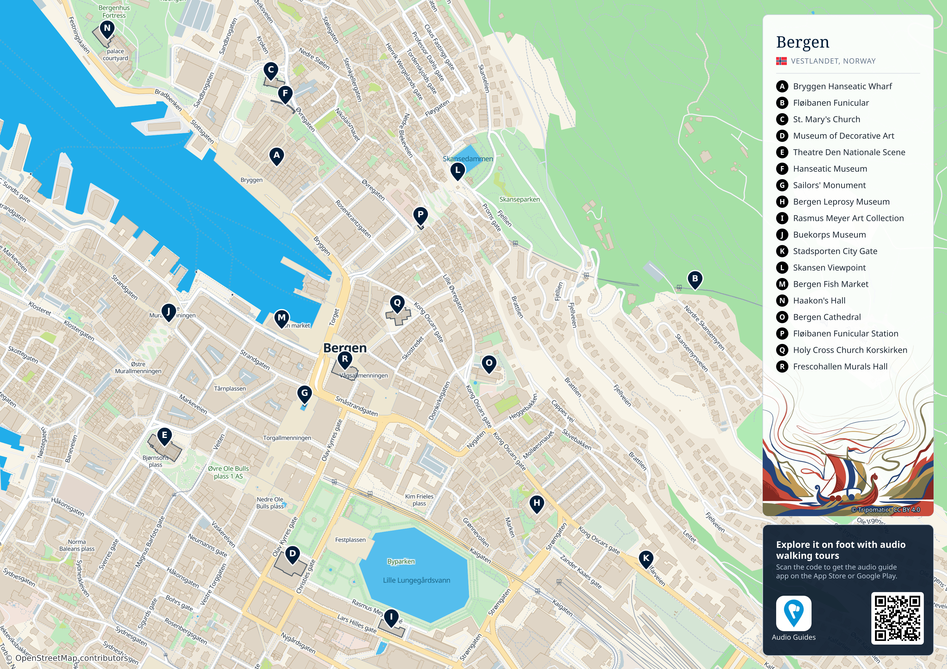 Bergen – printable tourist map with numbered top attractions