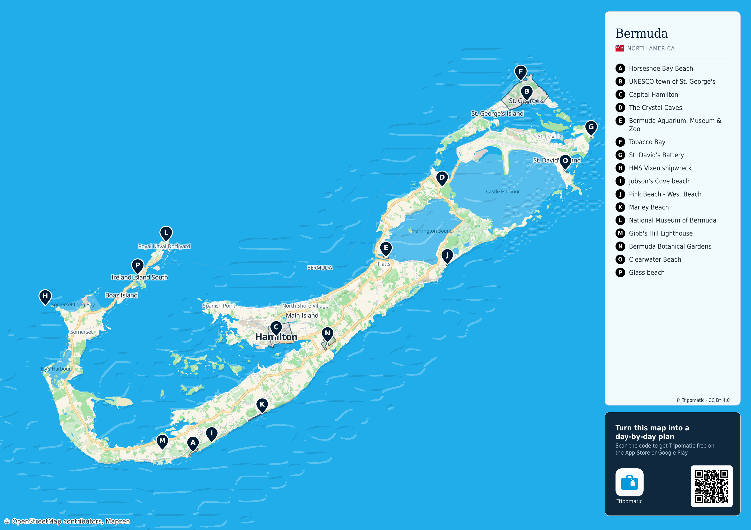 Bermuda – printable tourist map with numbered top attractions