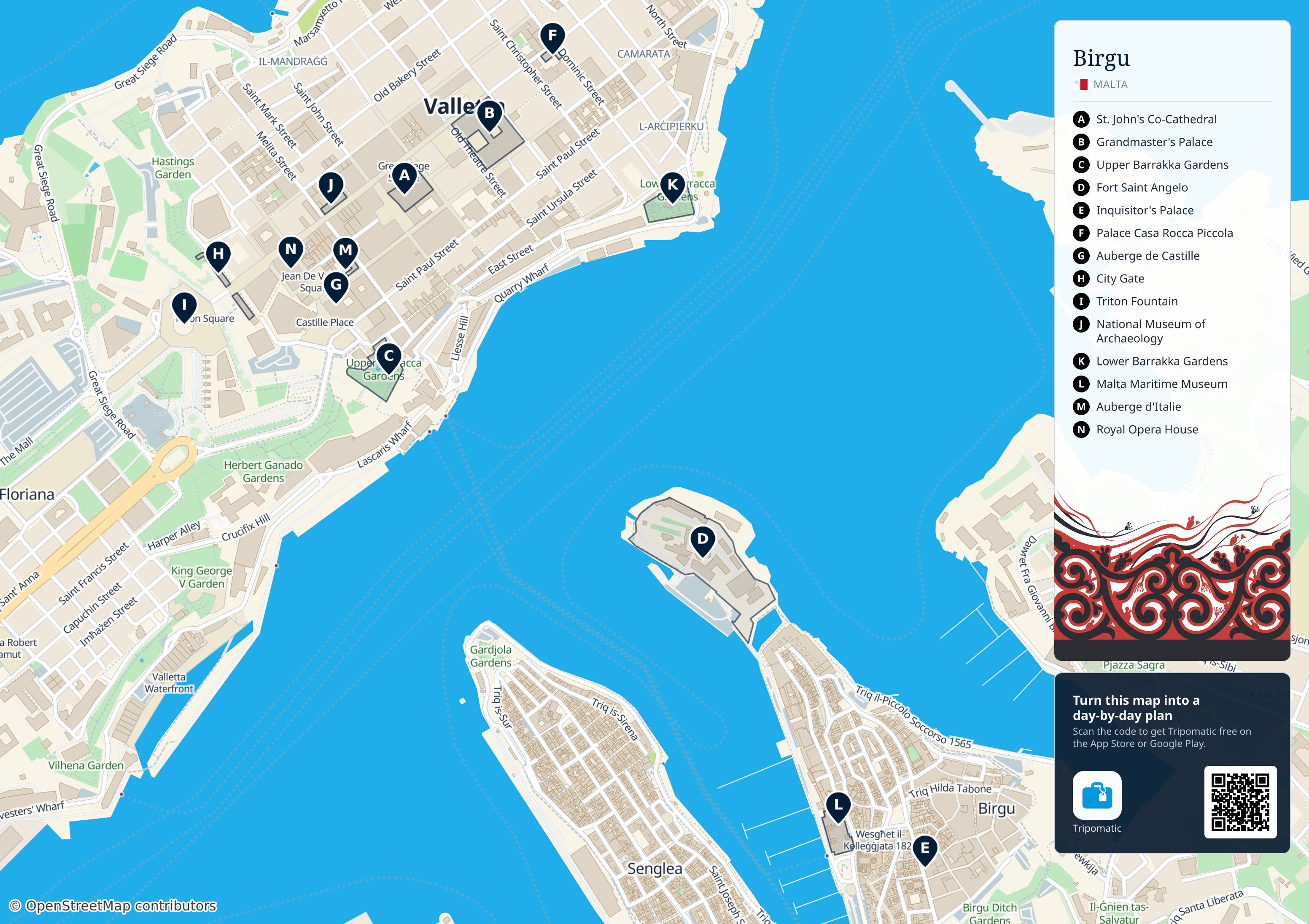Birgu – printable tourist map with numbered top attractions