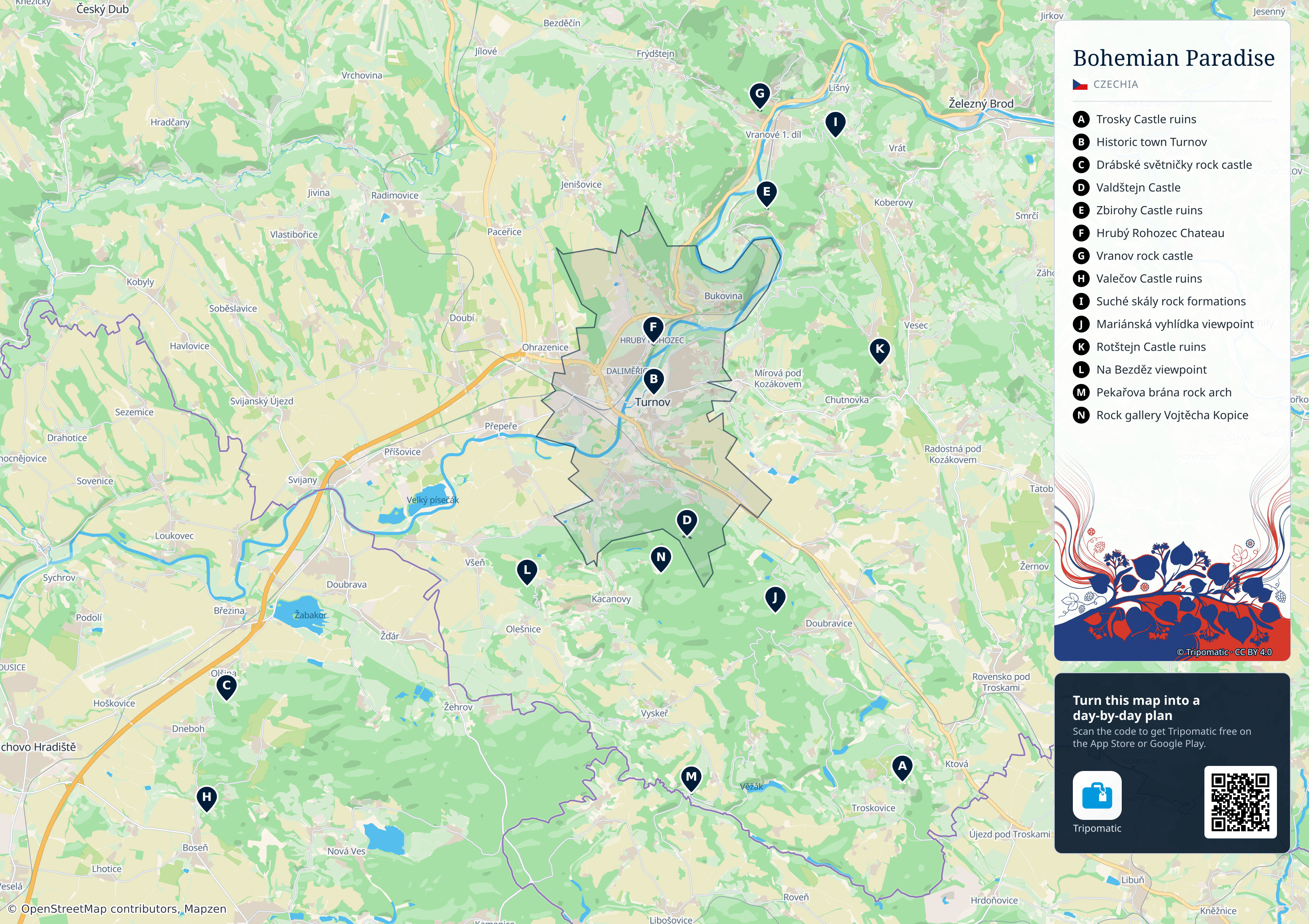 Bohemian Paradise – printable tourist map with numbered top attractions