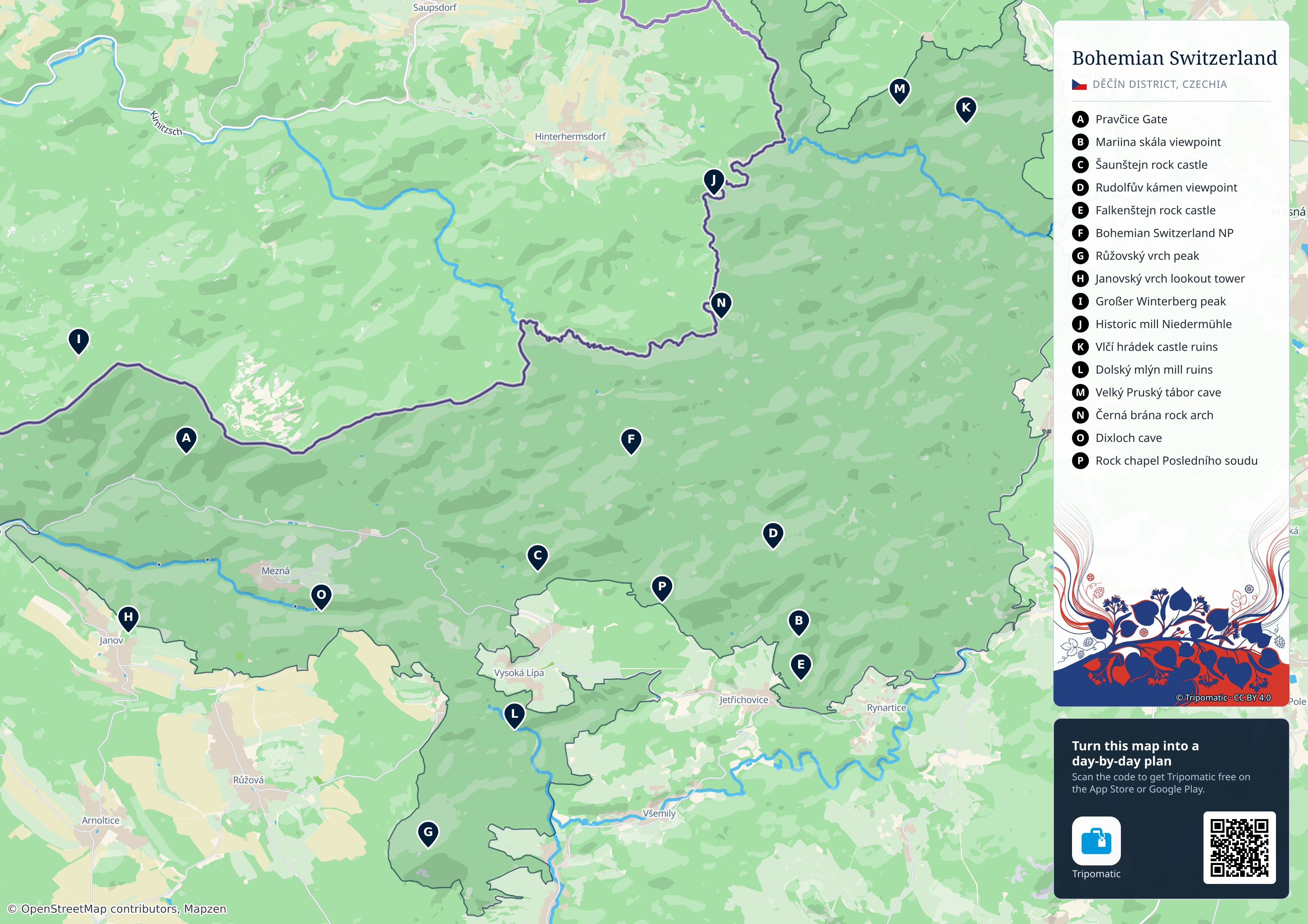 Bohemian Switzerland National Park – printable tourist map with numbered top attractions