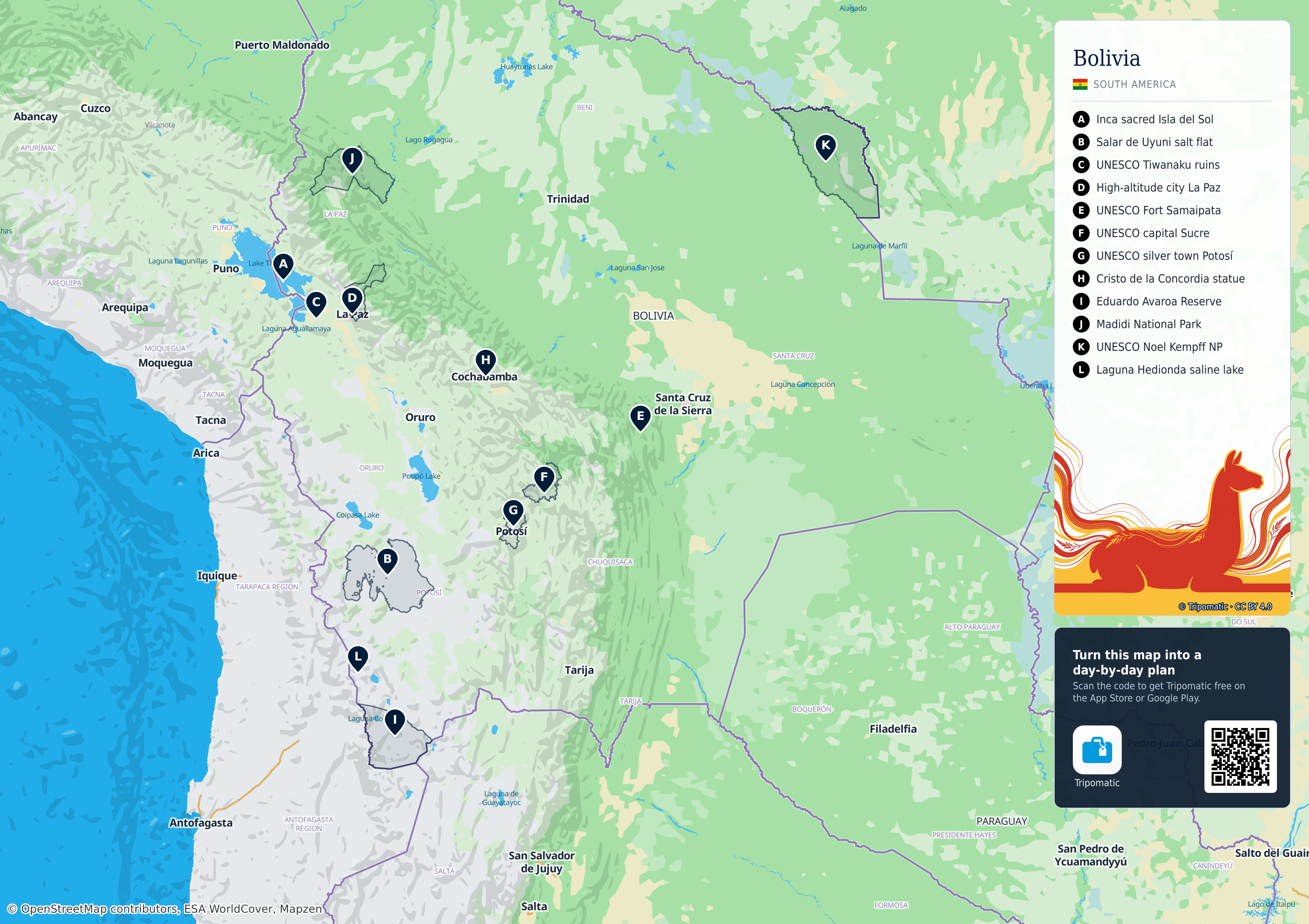 Bolivia – printable tourist map with numbered top attractions
