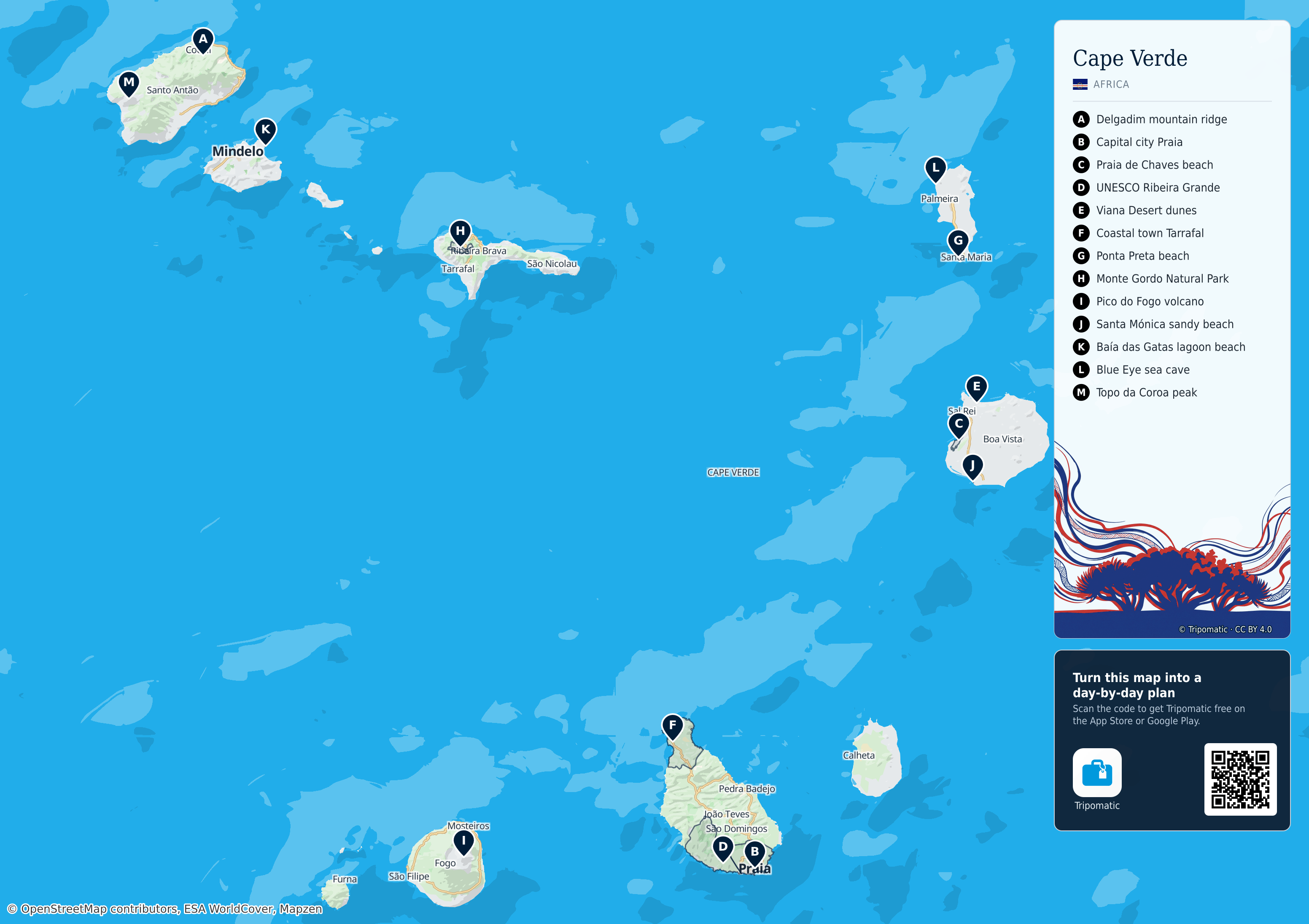Cape Verde – printable tourist map with numbered top attractions