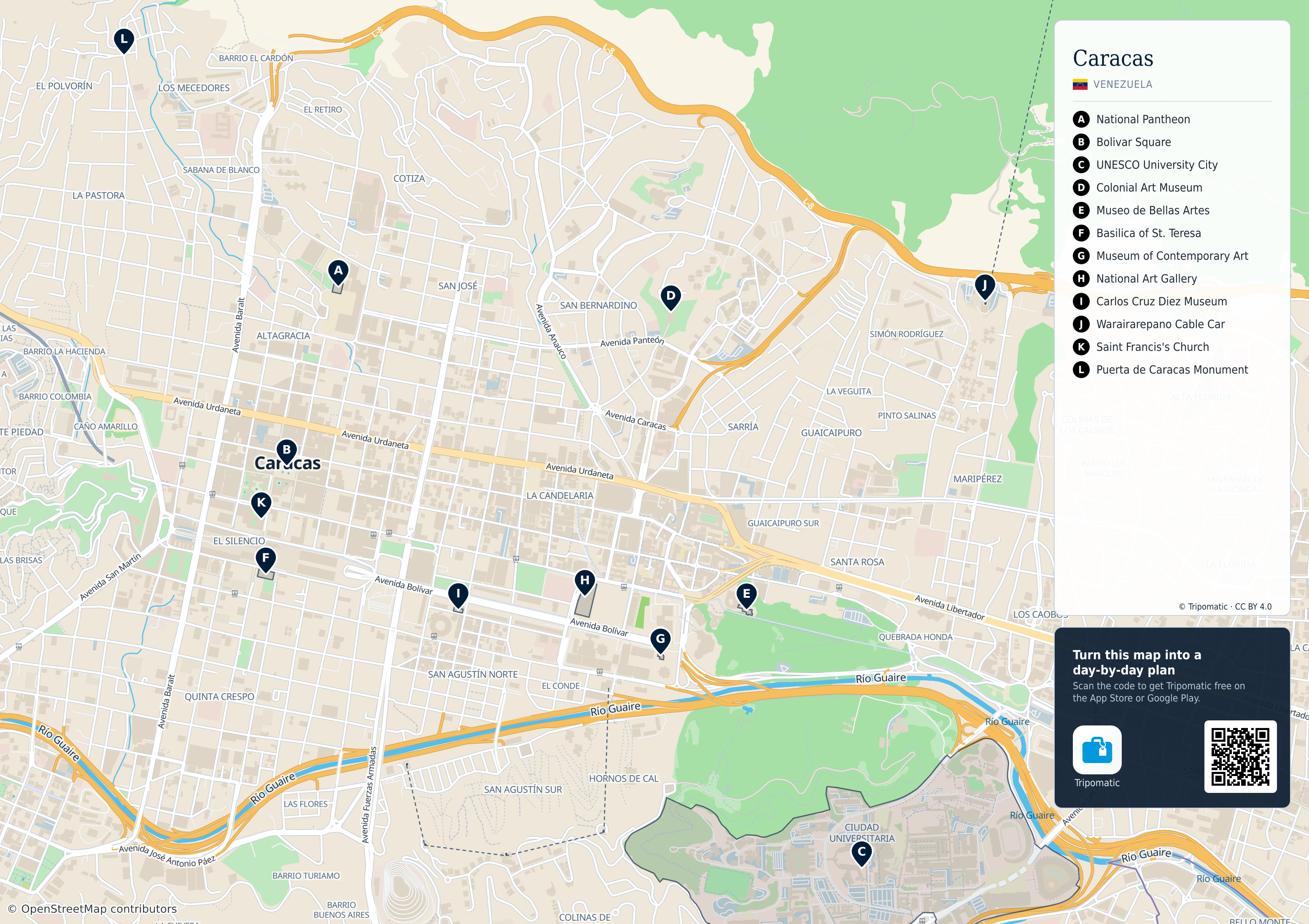 Caracas – printable tourist map with numbered top attractions