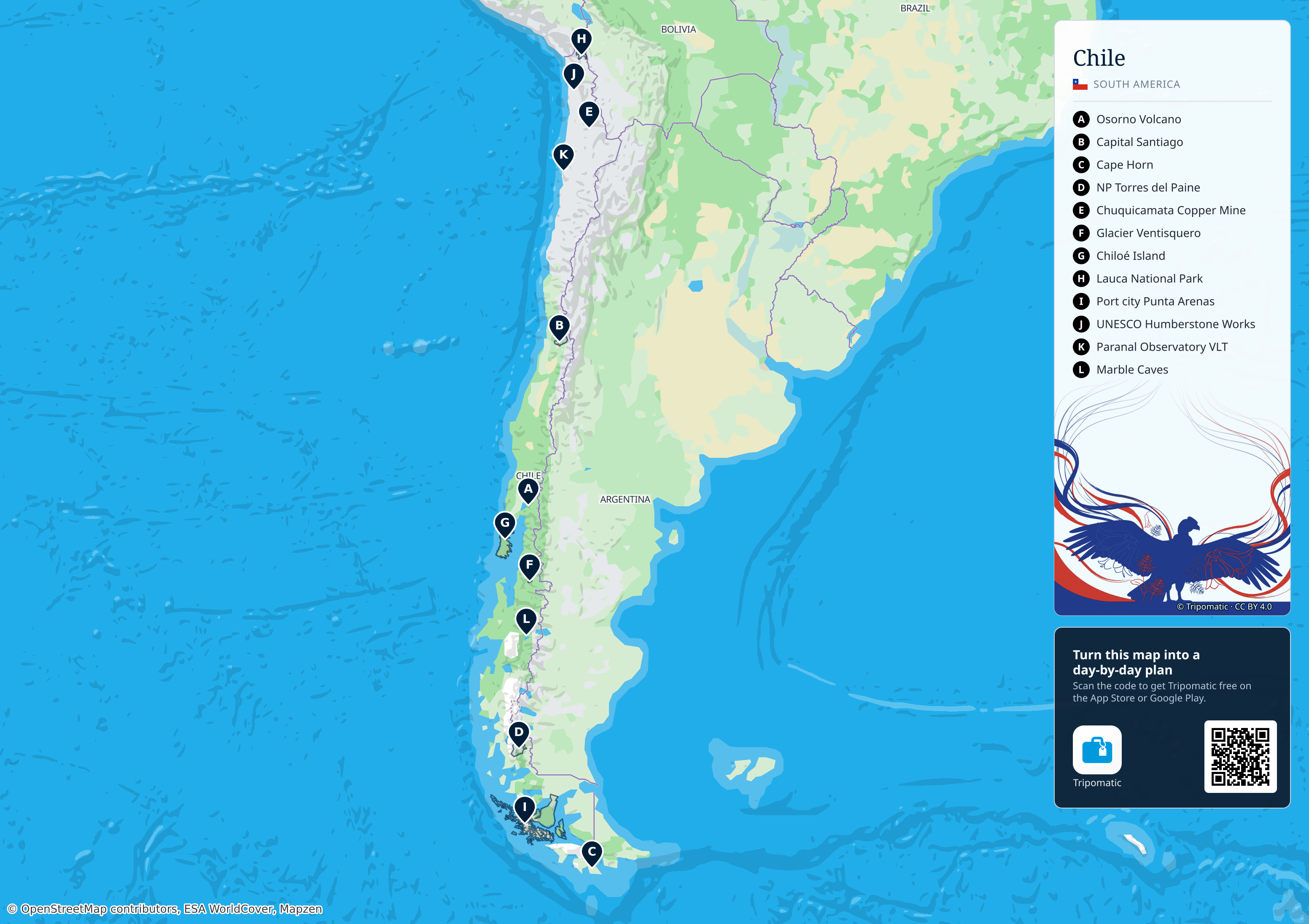 Chile – printable tourist map with numbered top attractions