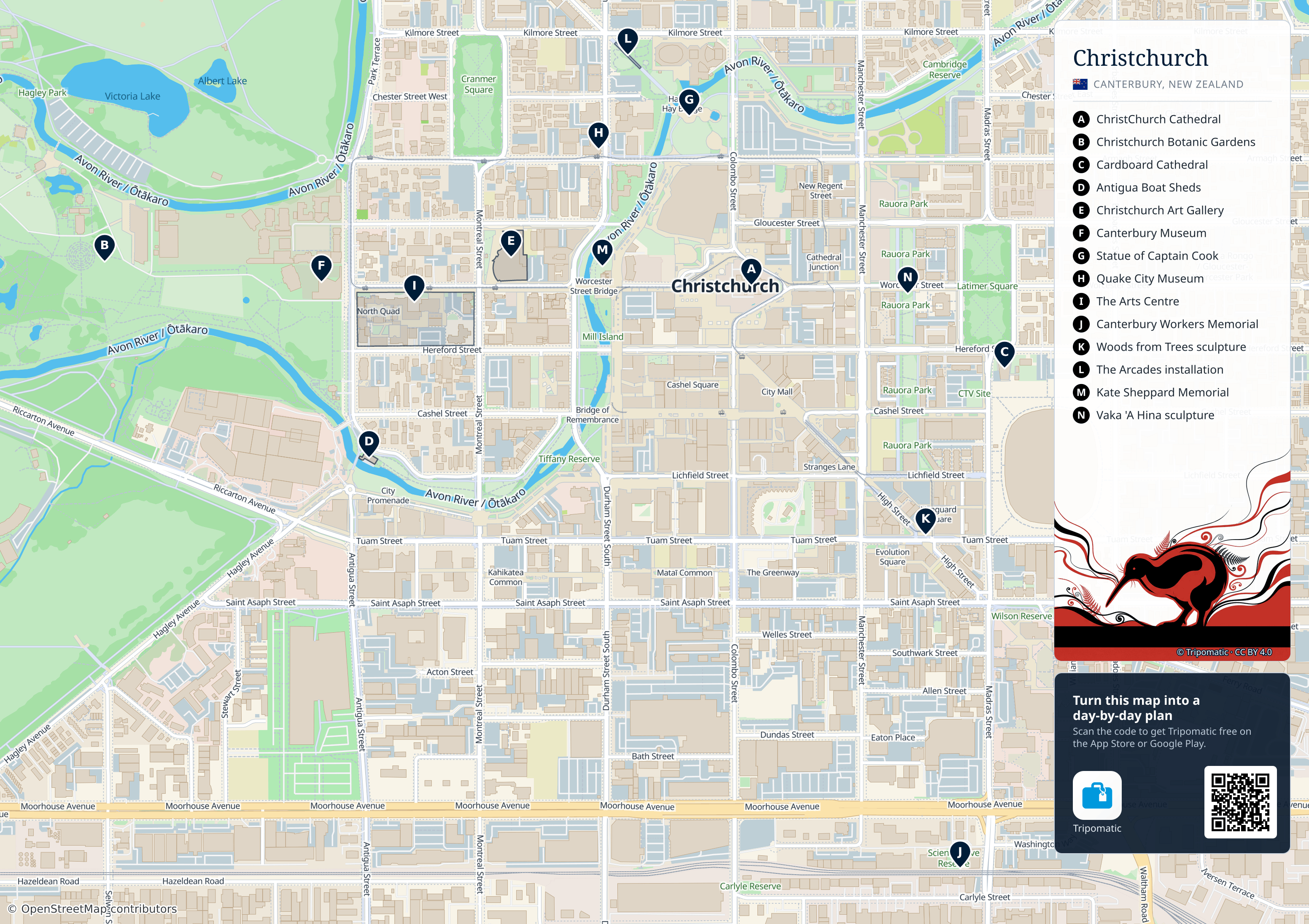Christchurch – printable tourist map with numbered top attractions