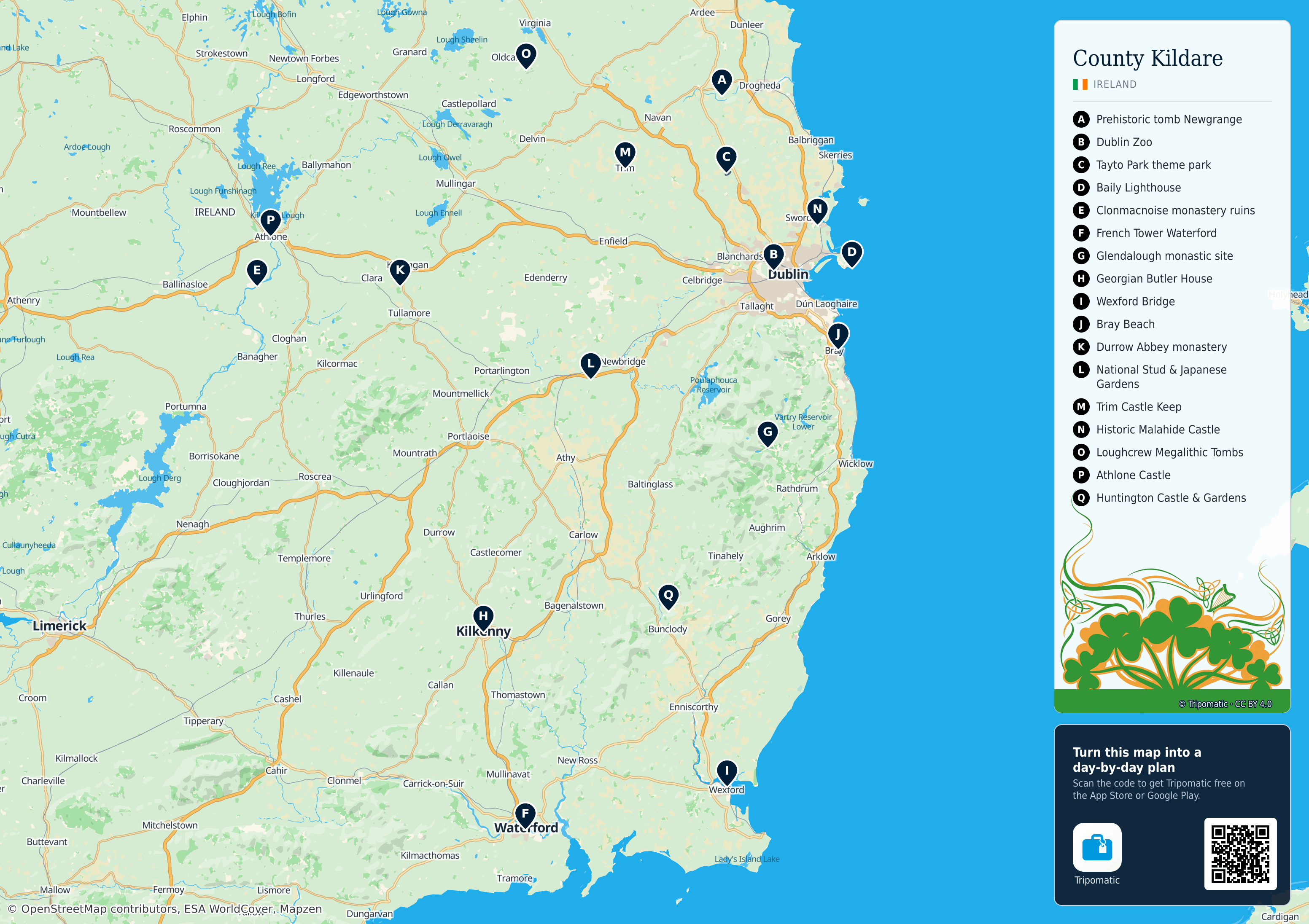 County Kildare – printable tourist map with numbered top attractions