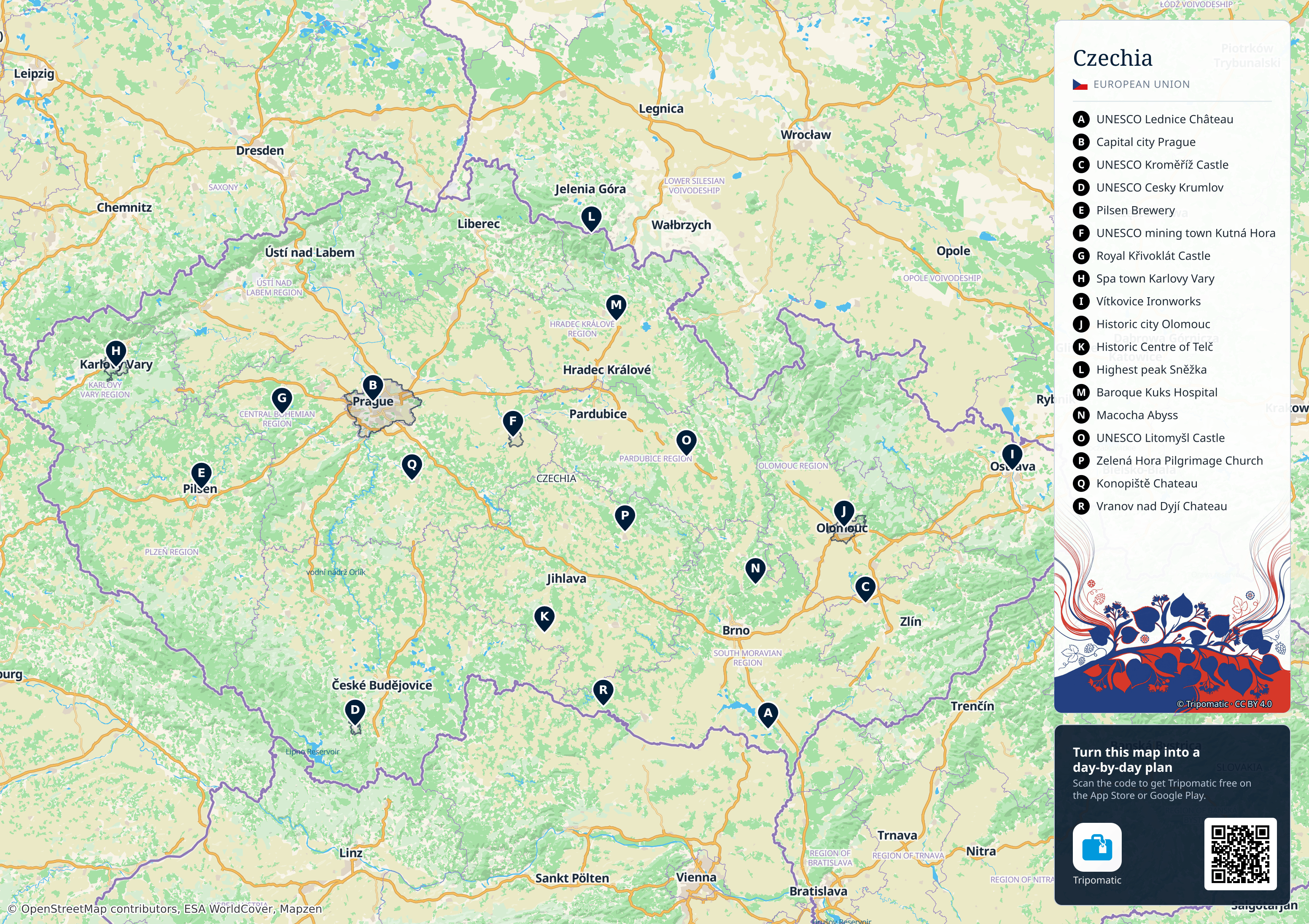 Czech Republic – printable tourist map with numbered top attractions